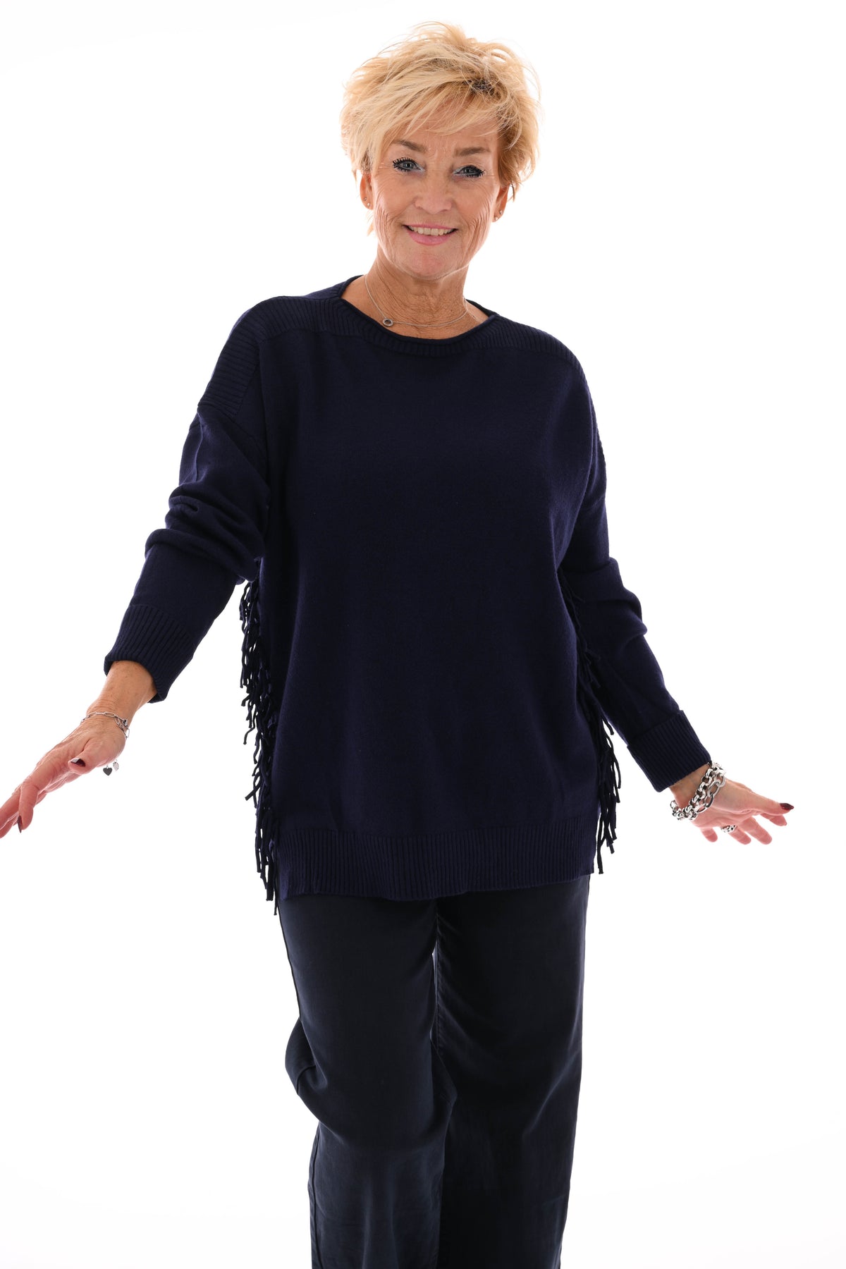 Trui zij franjes marineblauw