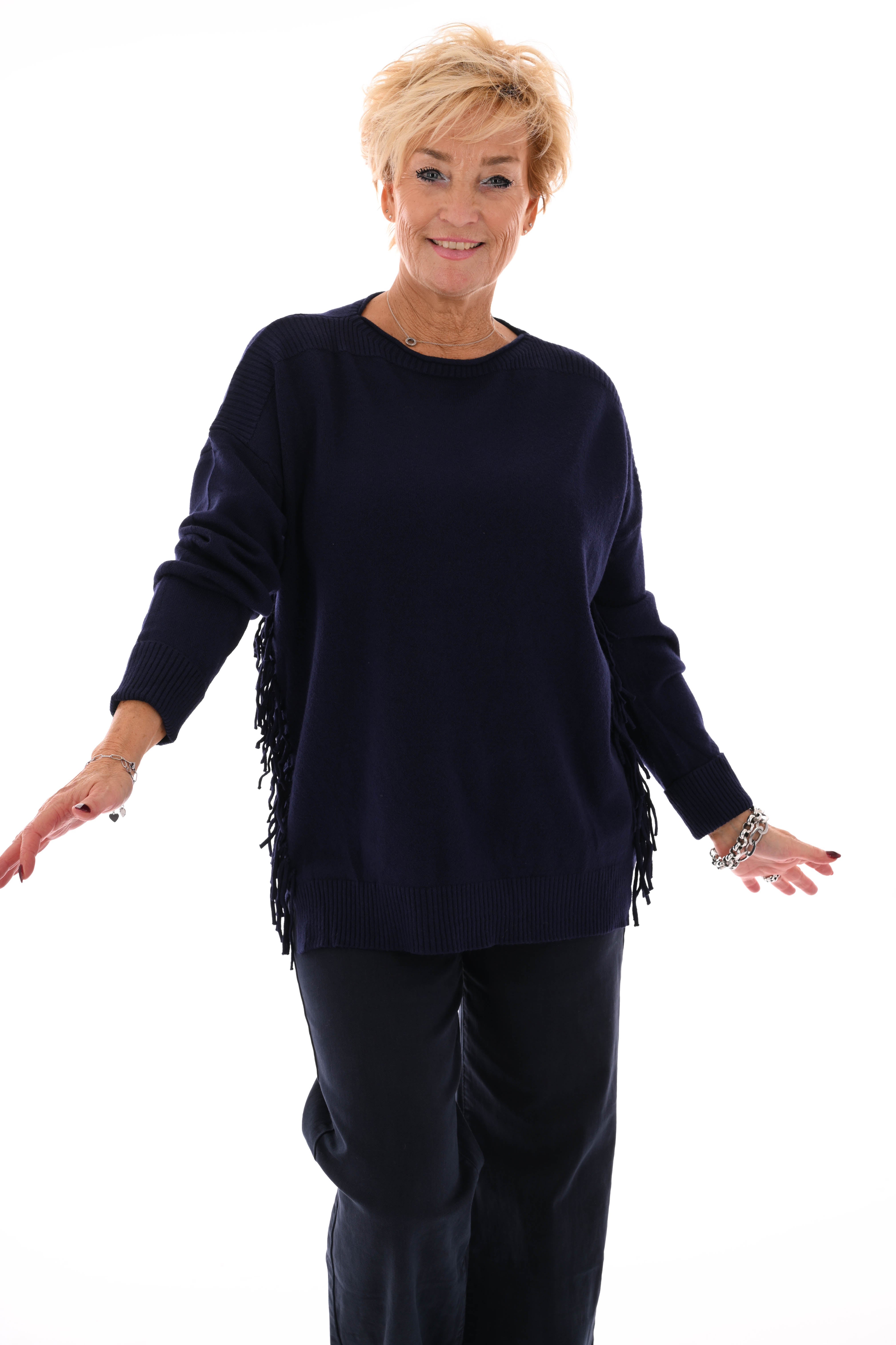 Trui zij franjes marineblauw