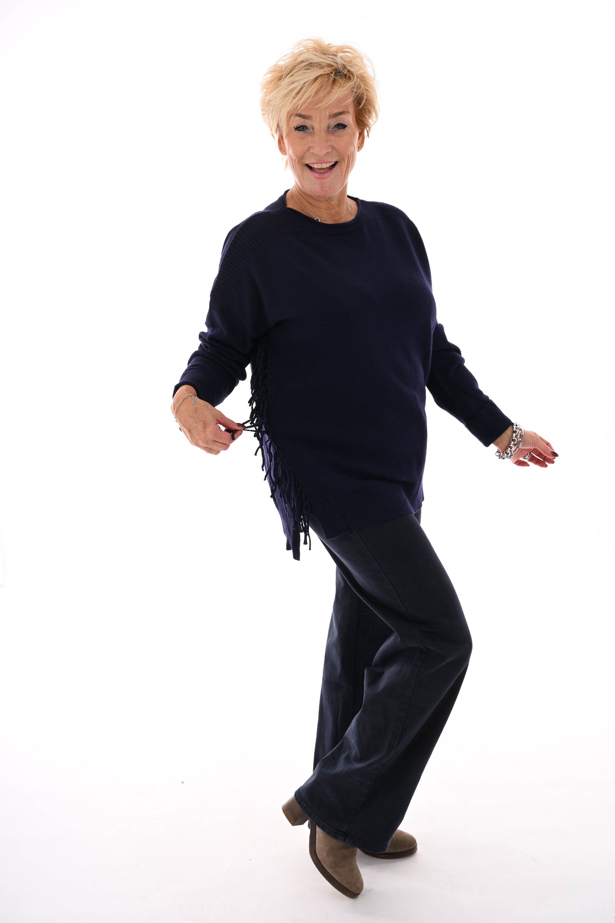 Trui zij franjes marineblauw