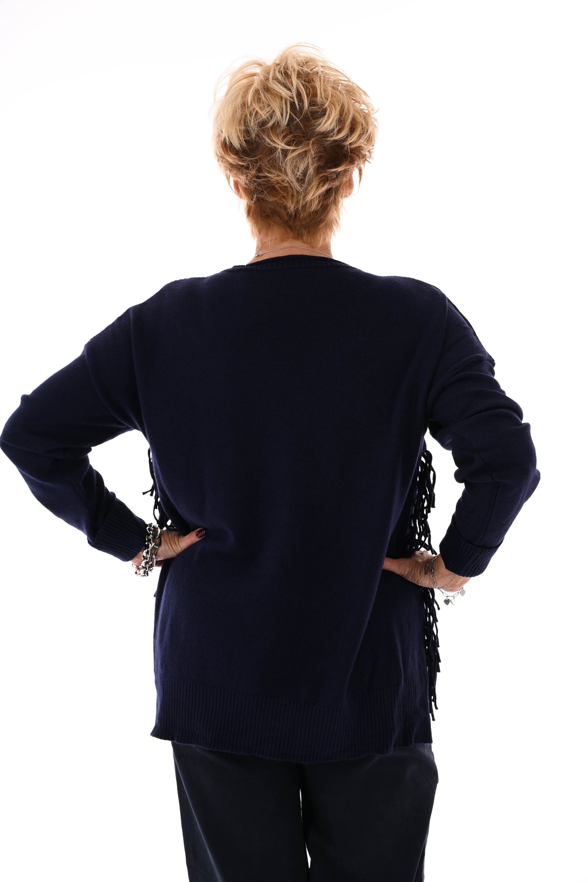 Trui zij franjes marineblauw