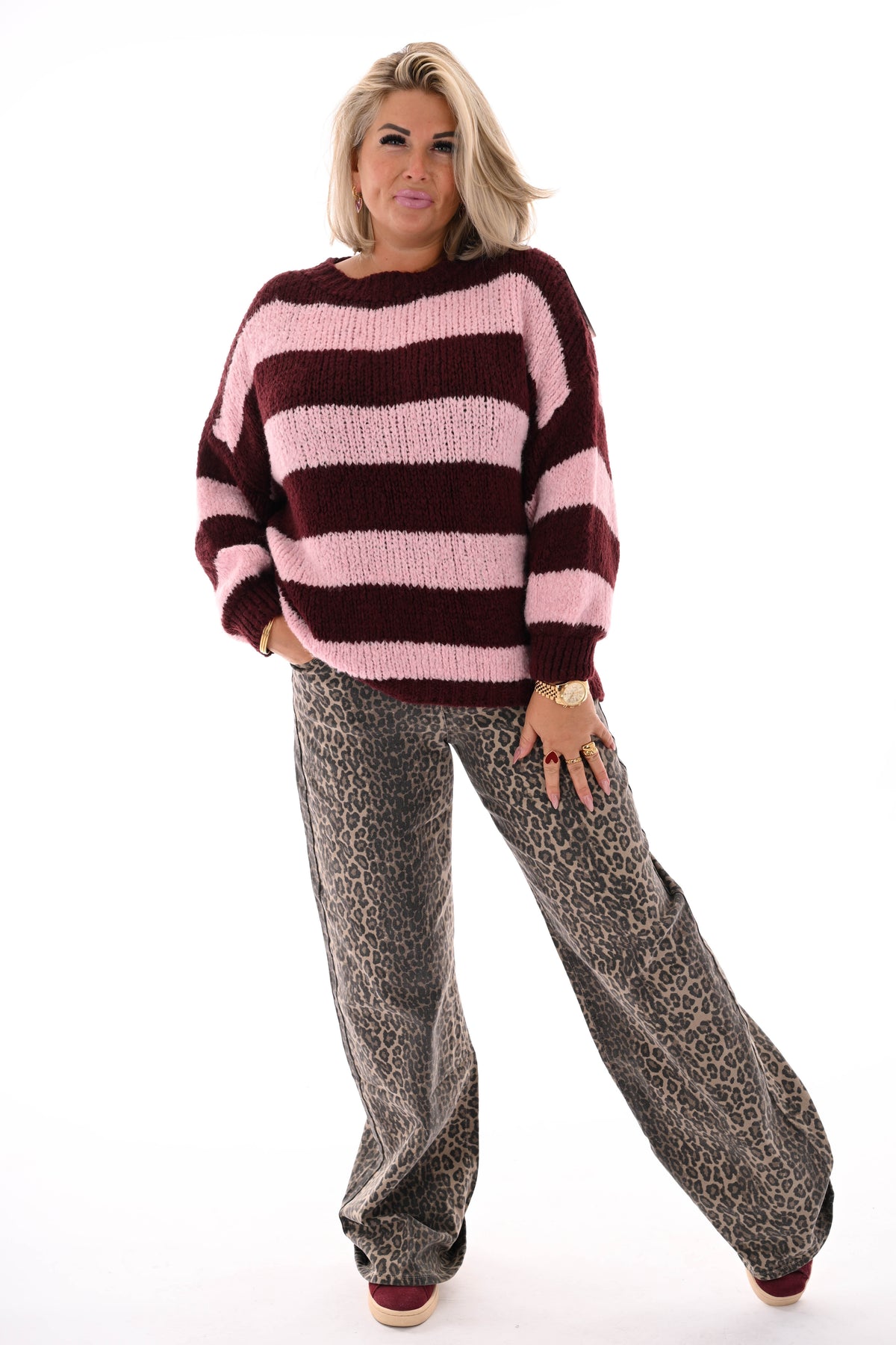 Grof gebreide trui strepen bordeaux/lichtroze
