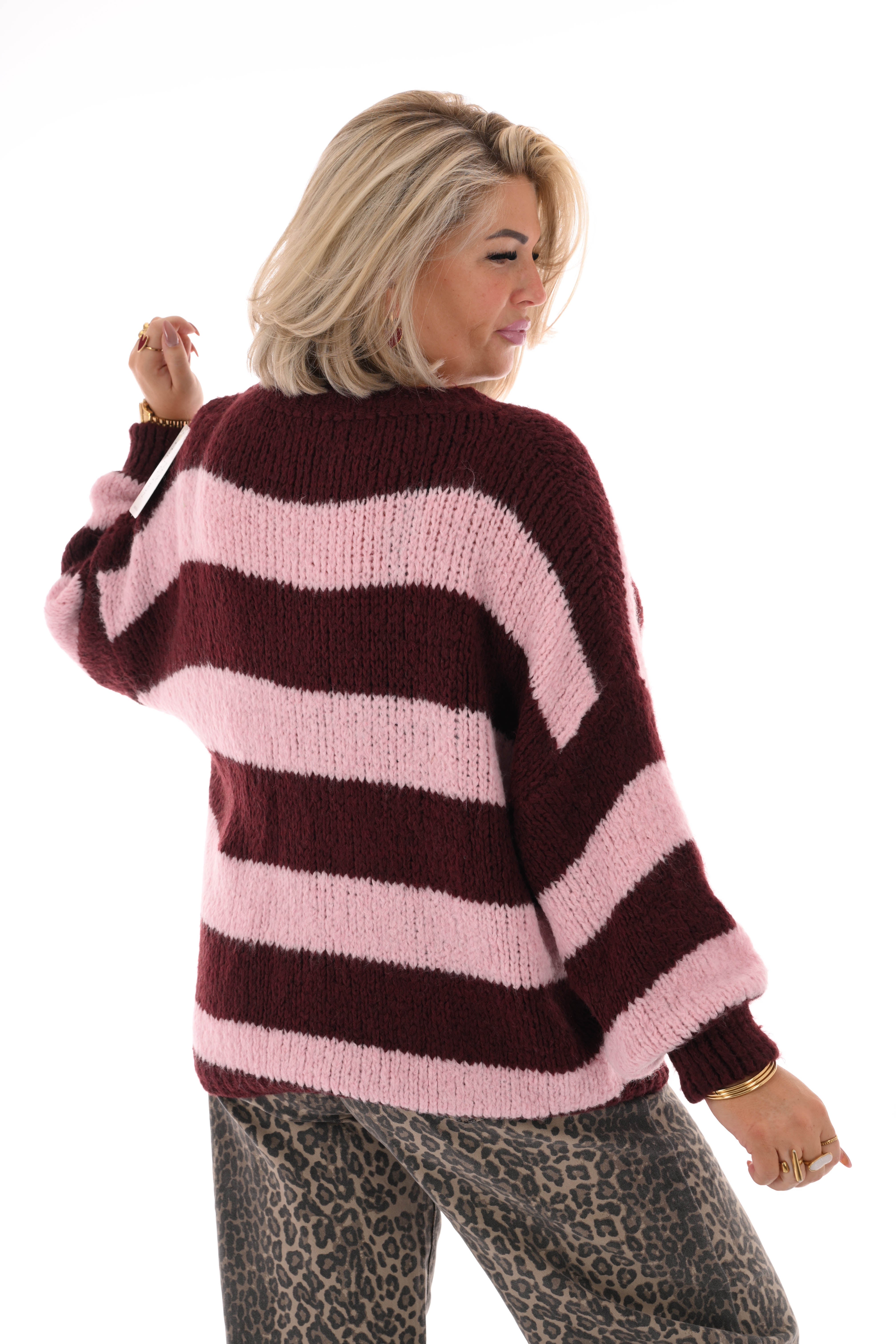 Grof gebreide trui strepen bordeaux/lichtroze