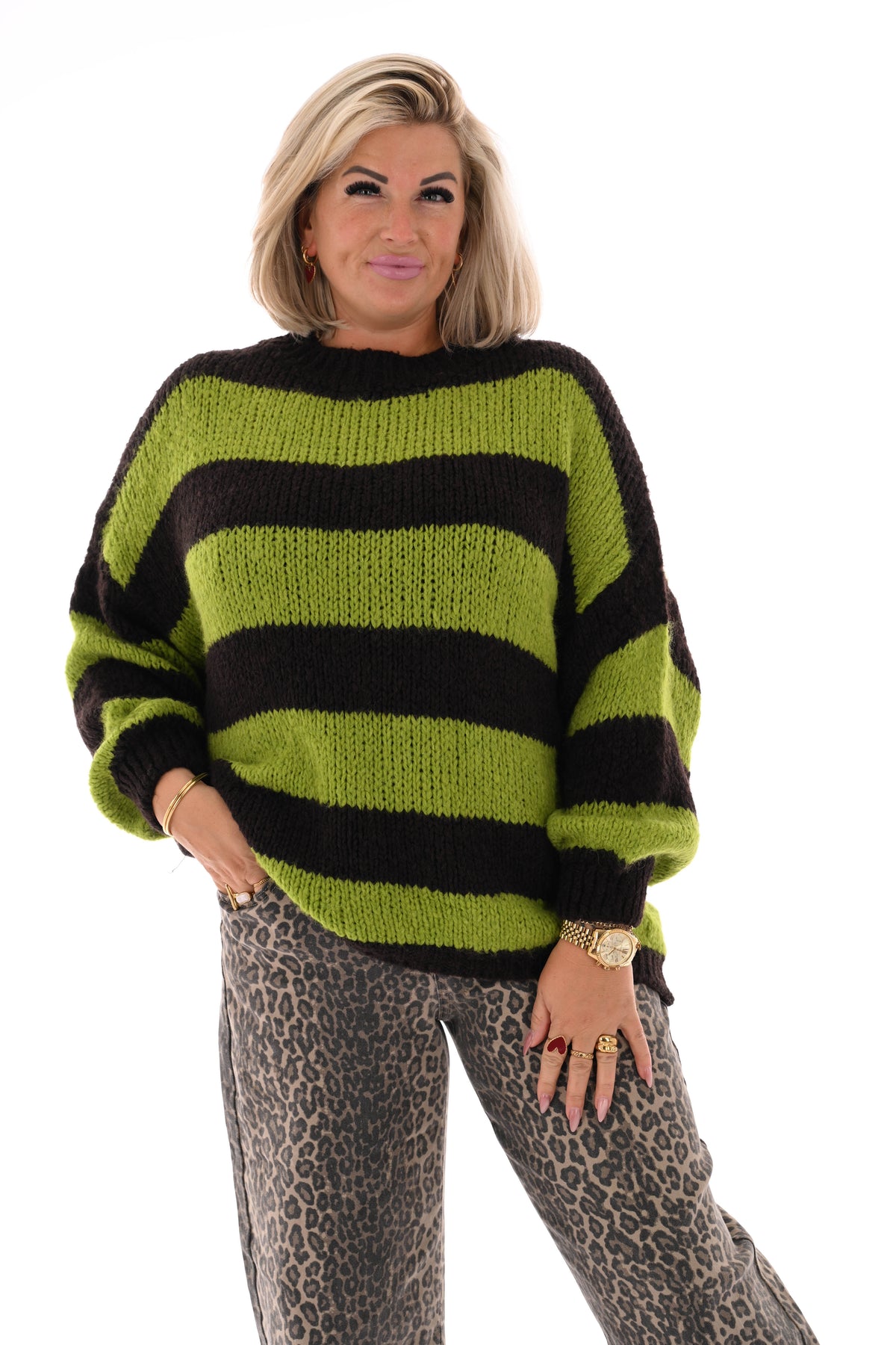 Grof gebreide trui strepen lime/donkerbruin