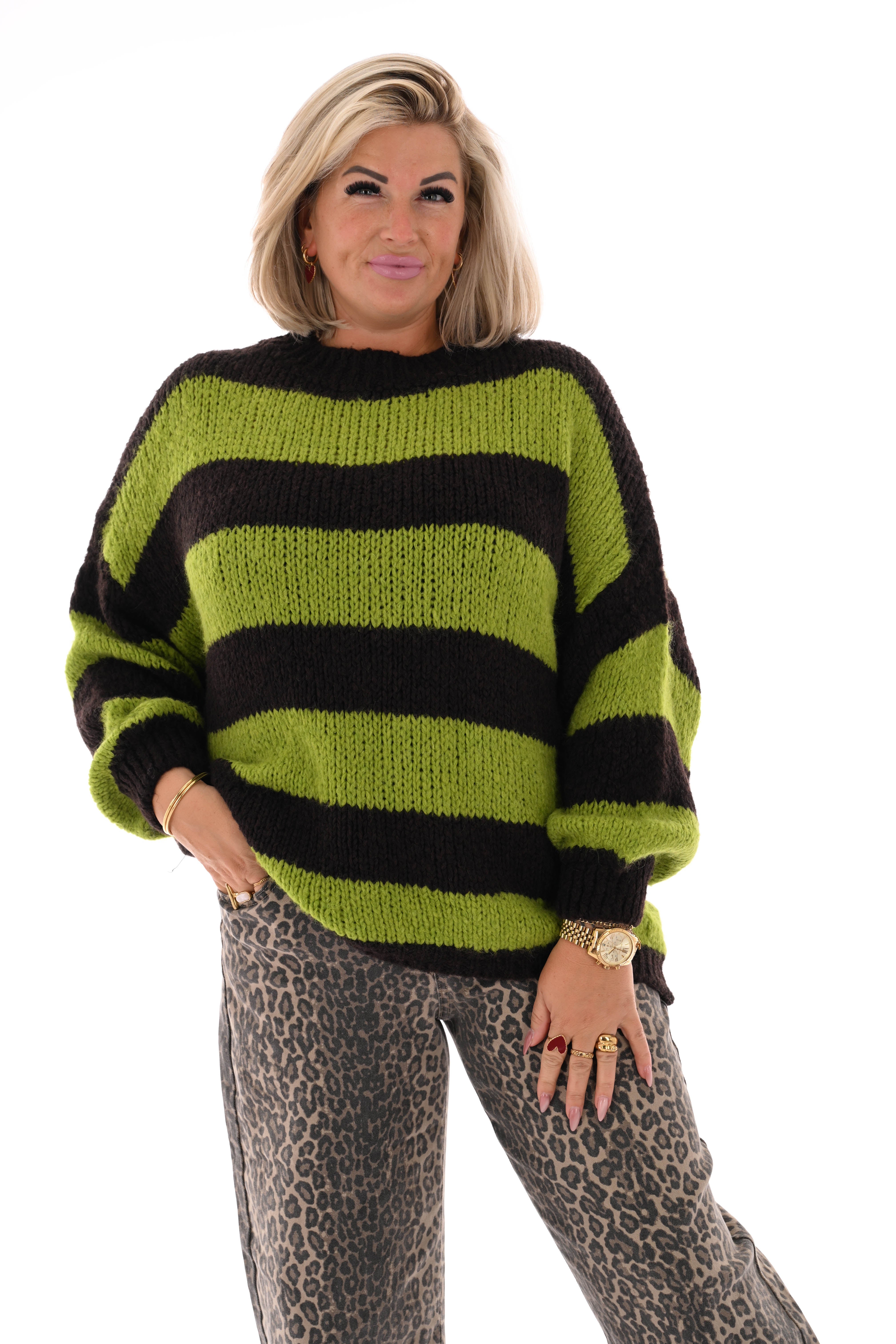 Grof gebreide trui strepen lime/donkerbruin