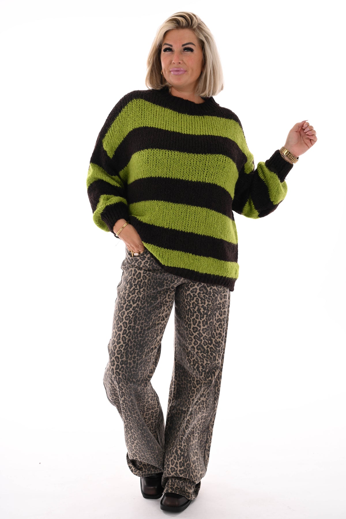 Grof gebreide trui strepen lime/donkerbruin