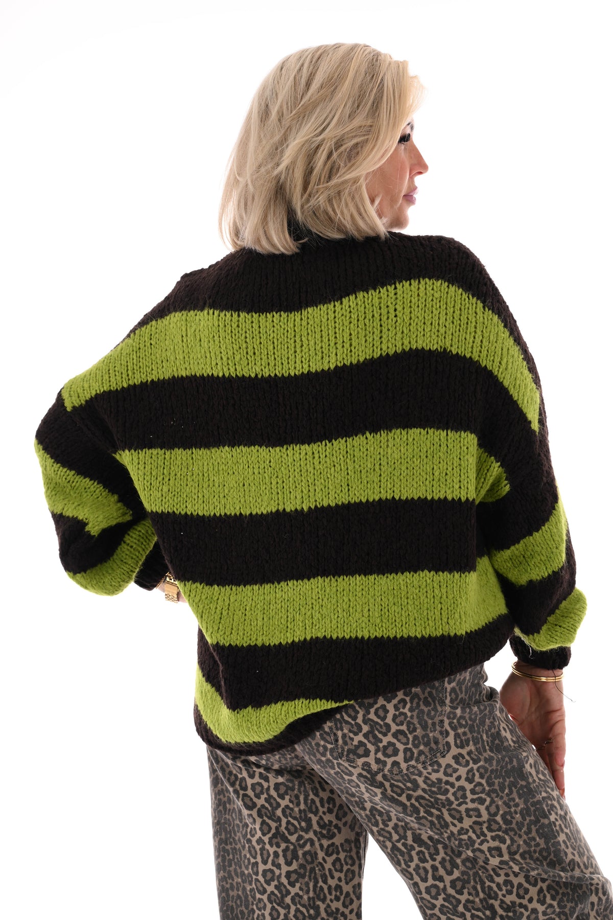 Grof gebreide trui strepen lime/donkerbruin