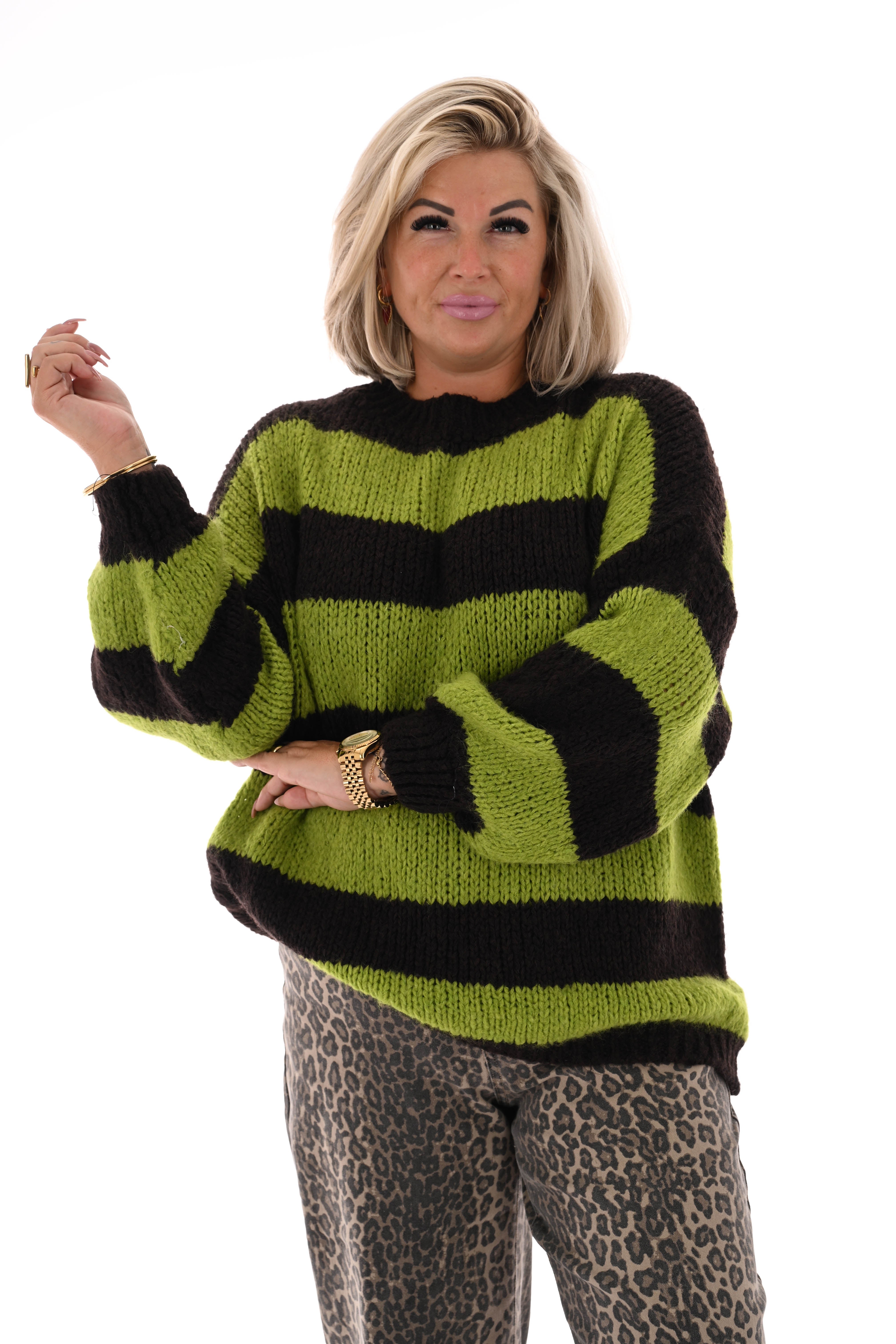 Grof gebreide trui strepen lime/donkerbruin