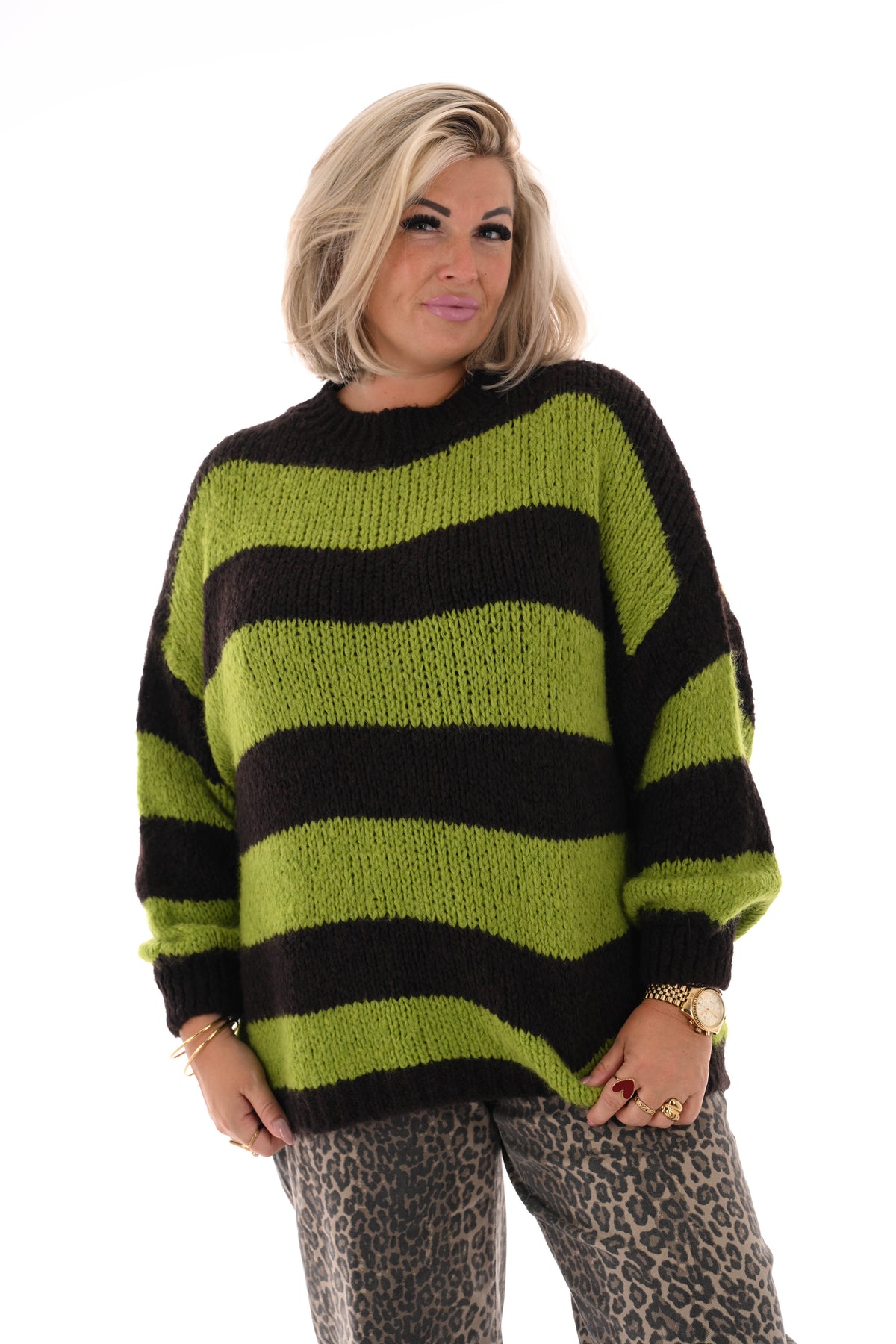 Grof gebreide trui strepen lime/donkerbruin