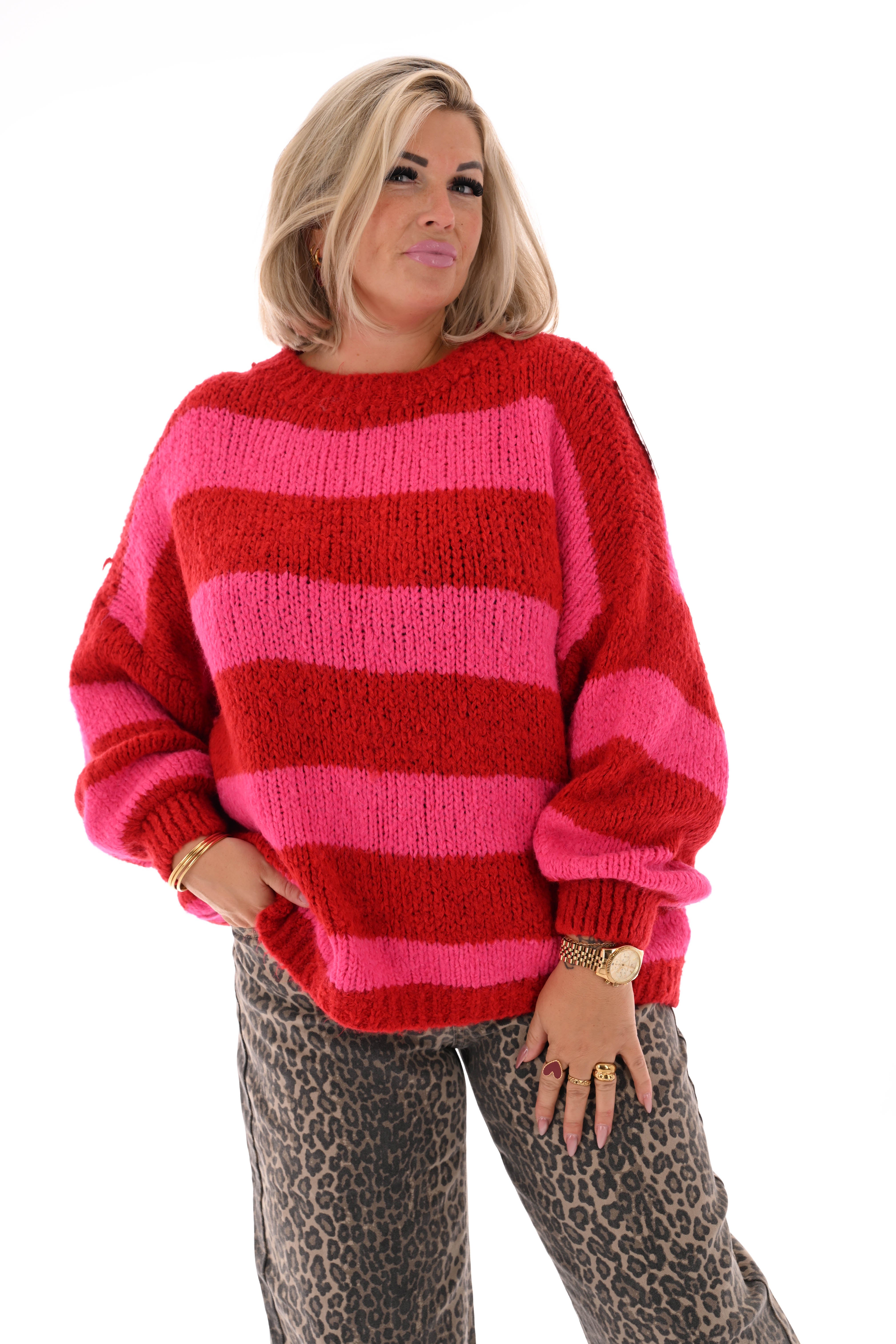 Grof gebreide trui strepen rood/felroze
