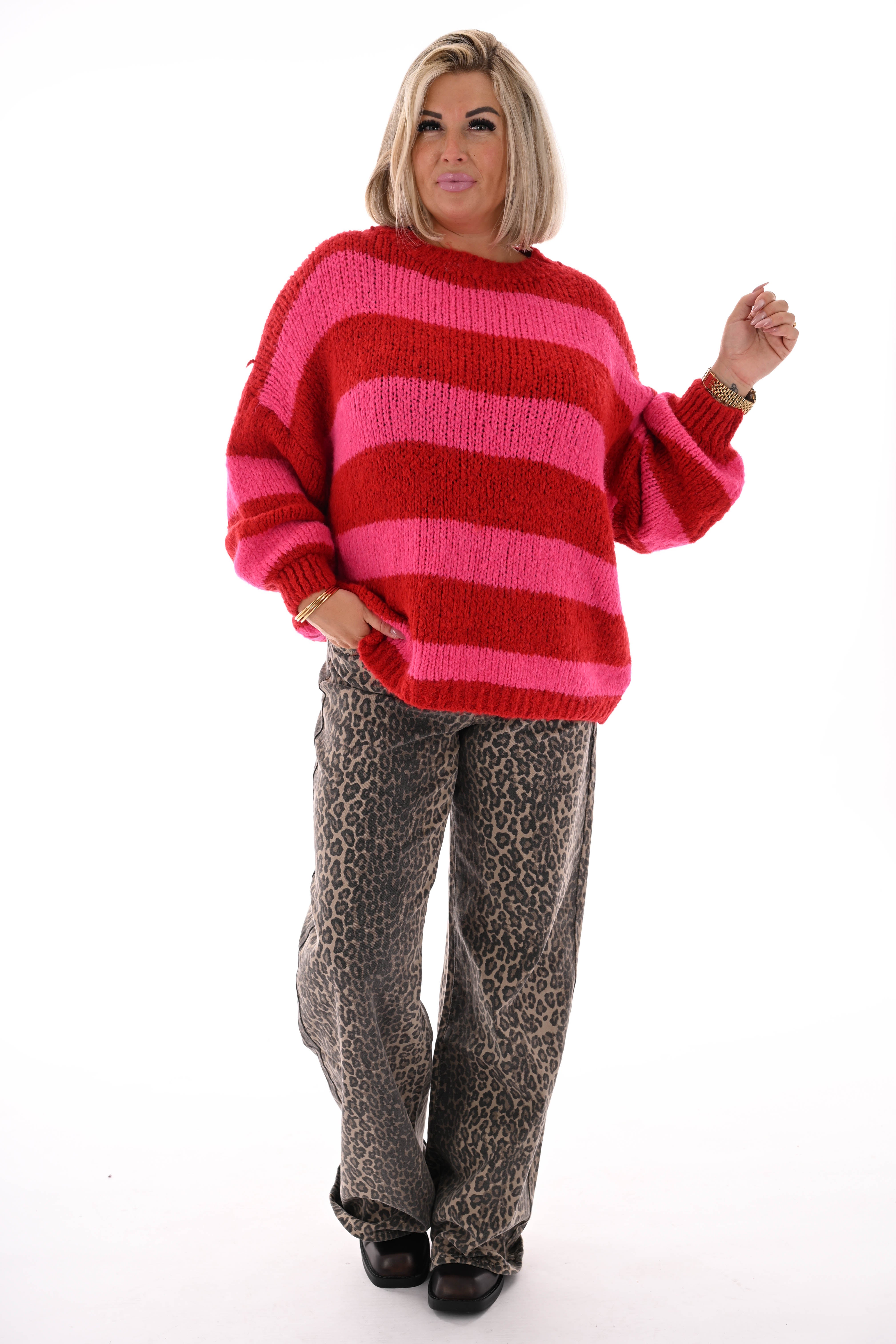 Grof gebreide trui strepen rood/felroze
