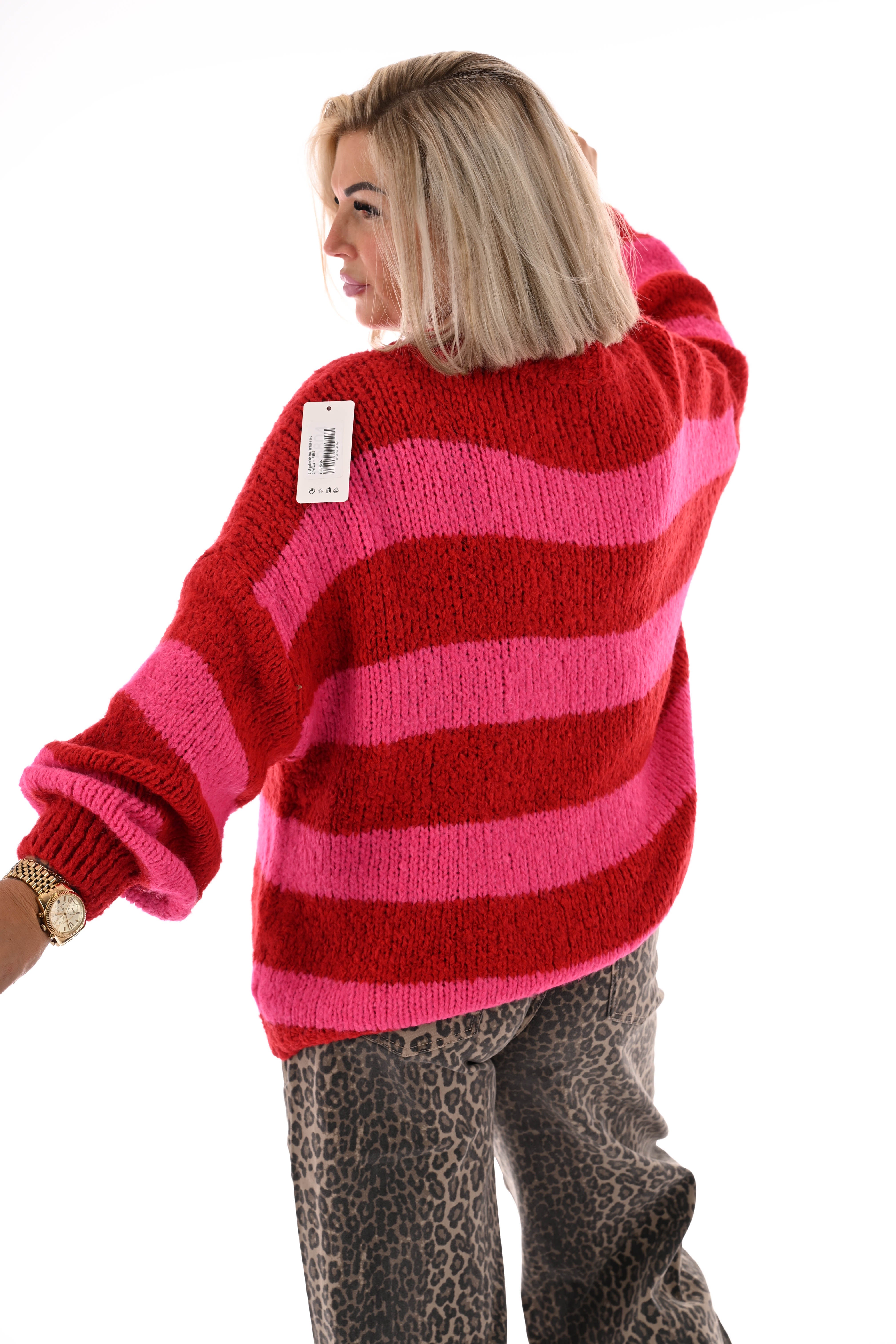 Grof gebreide trui strepen rood/felroze