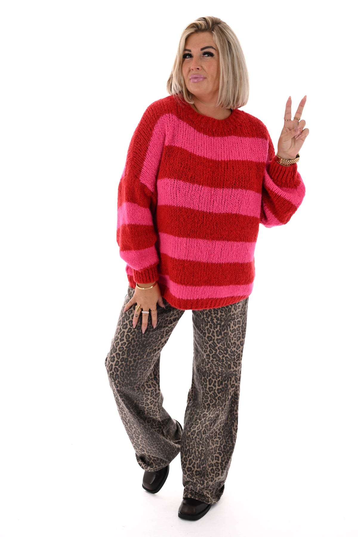 Grof gebreide trui strepen rood/felroze