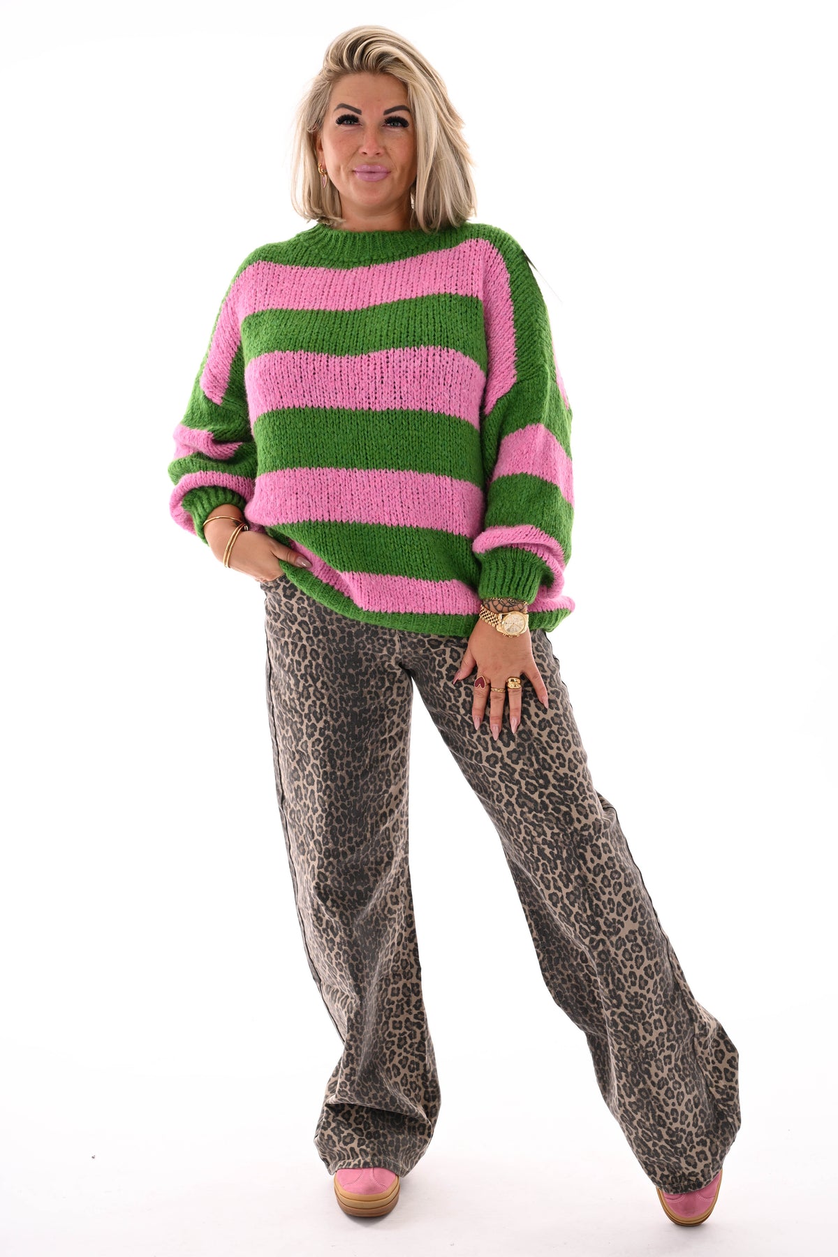 Grof gebreide trui strepen groen/roze