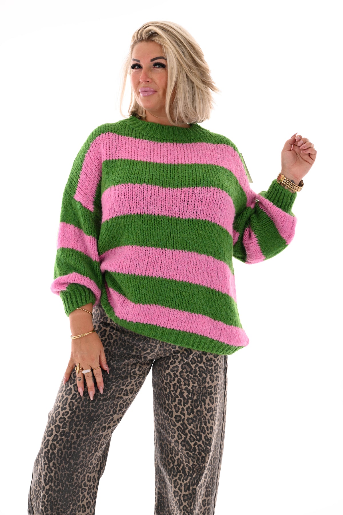 Grof gebreide trui strepen groen/roze