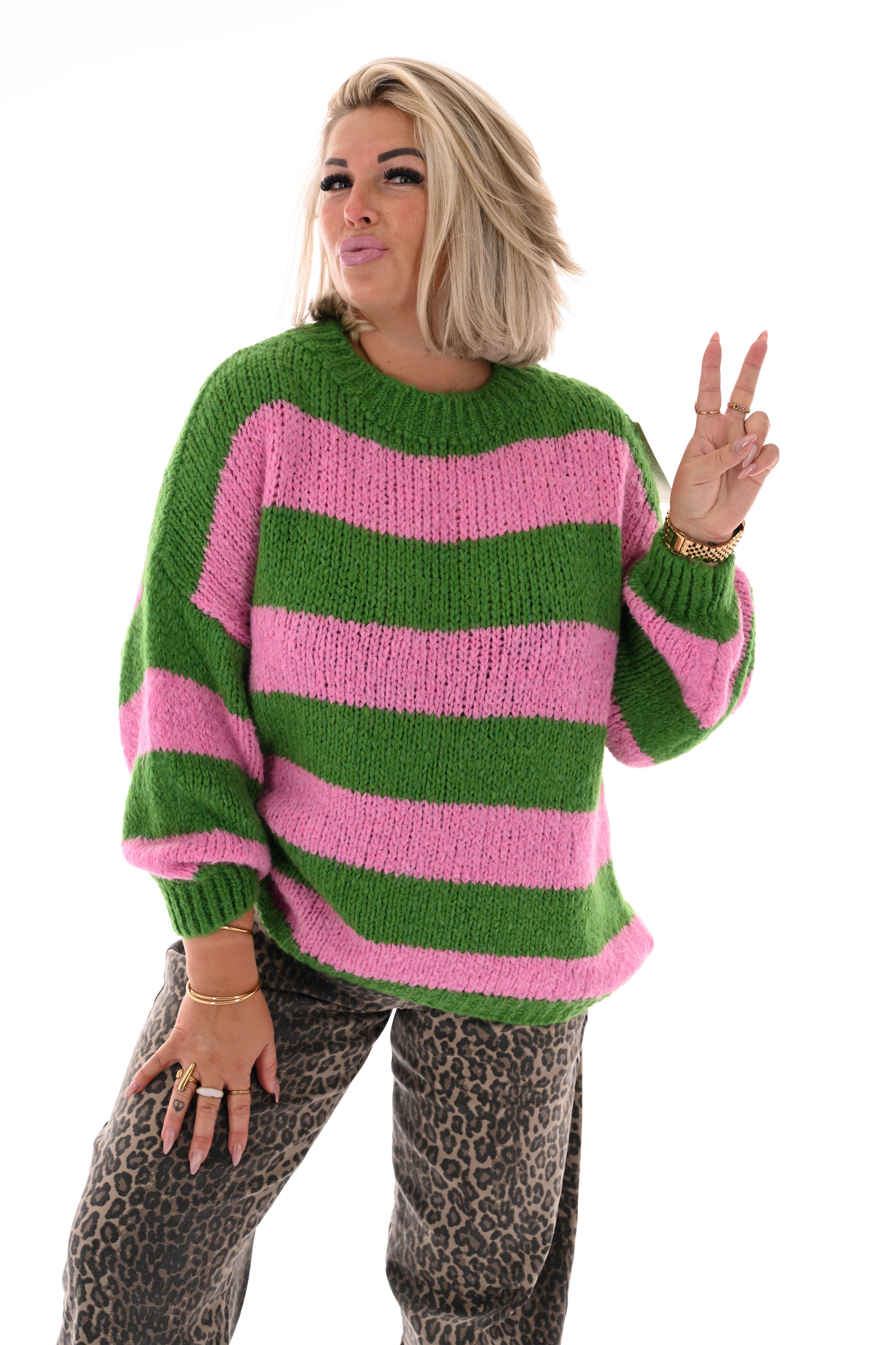Grof gebreide trui strepen groen/roze