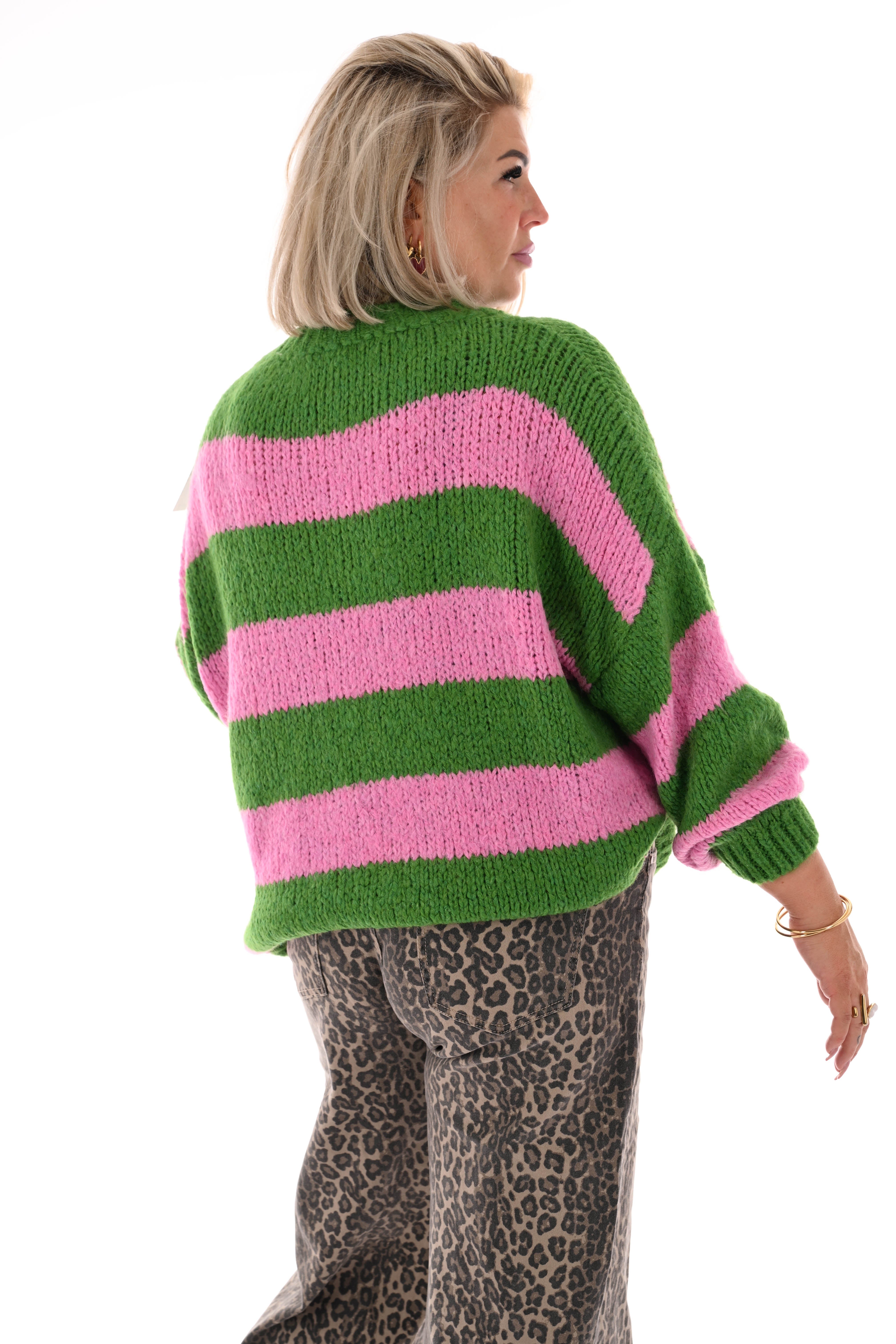 Grof gebreide trui strepen groen/roze