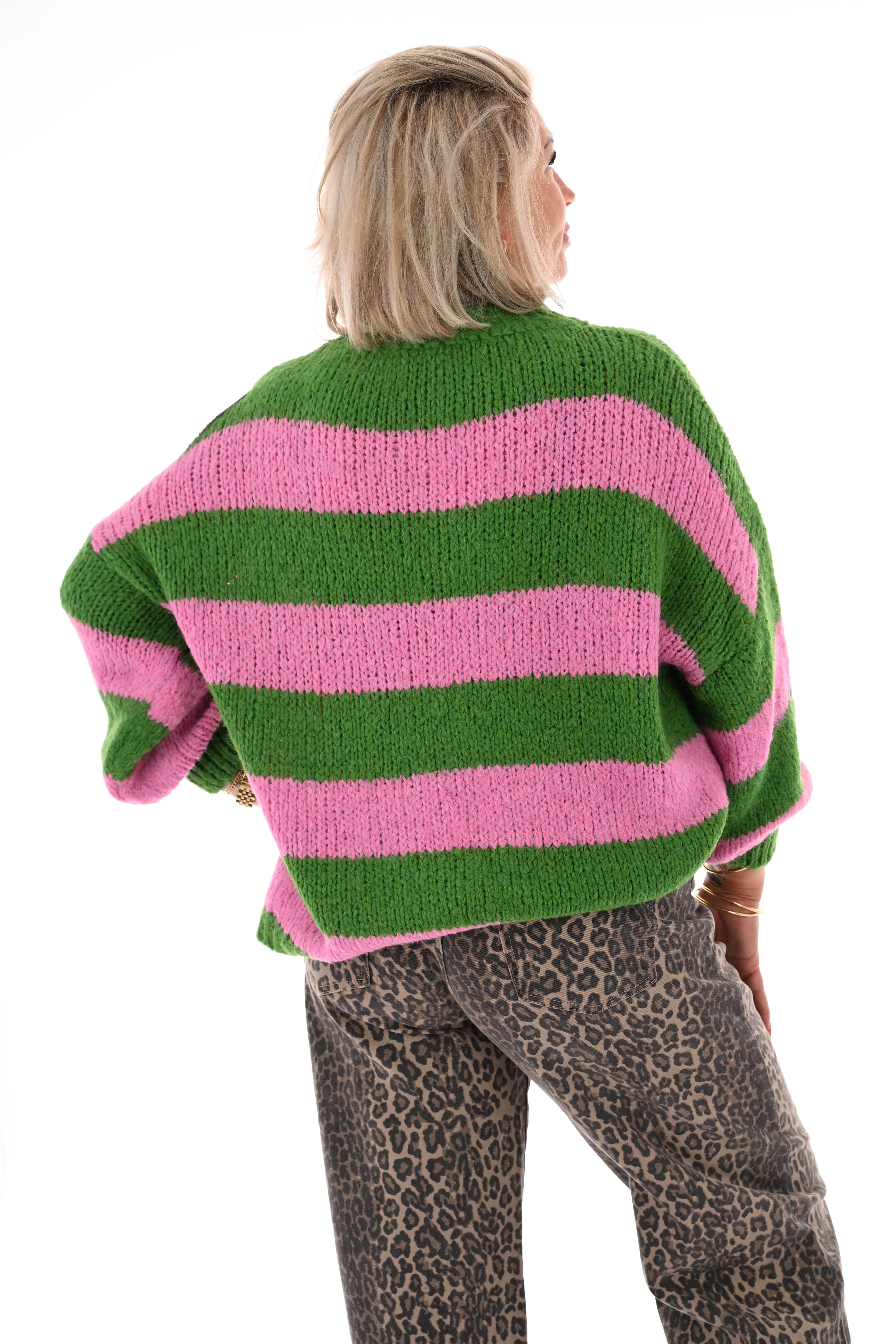 Grof gebreide trui strepen groen/roze