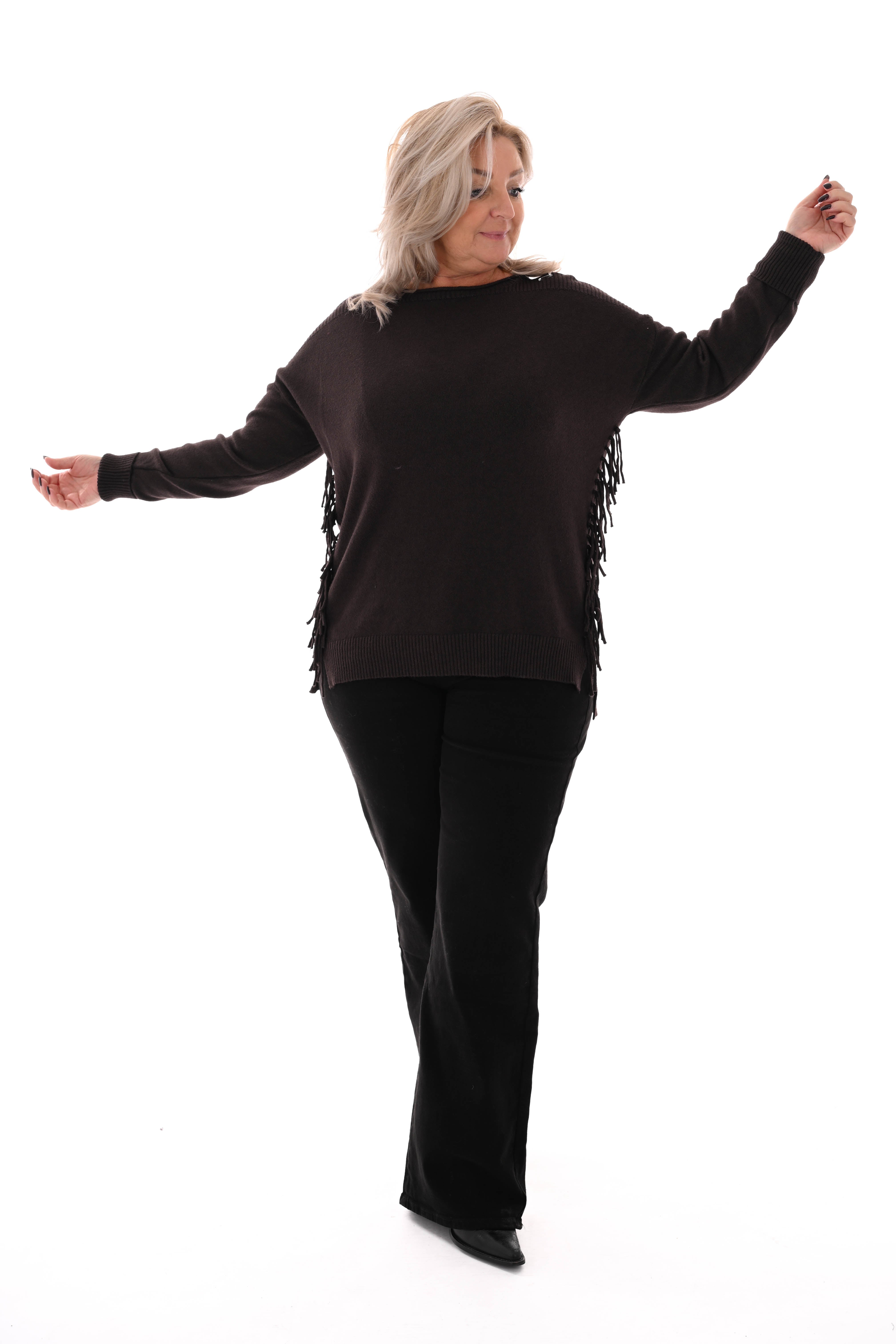 Trui zij franjes donkerbruin