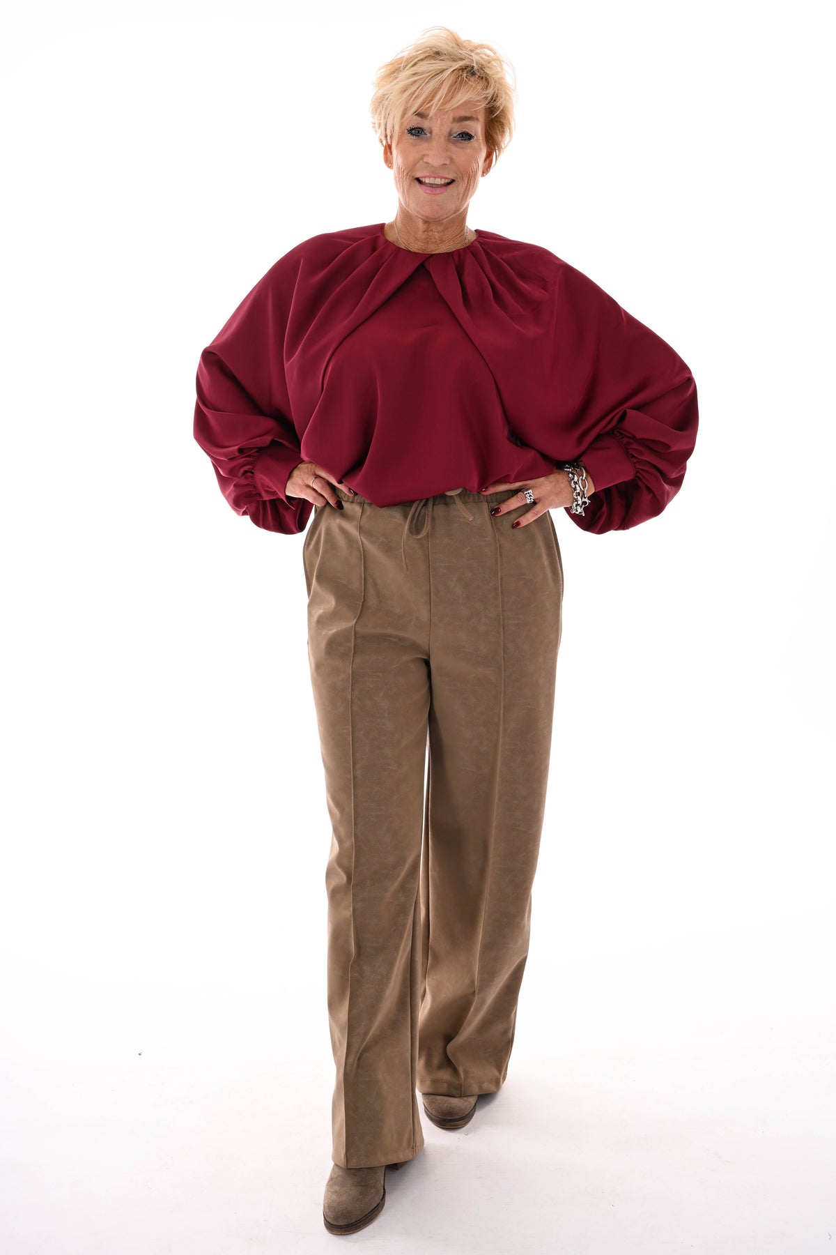 Leatherlook wide leg met elastieken band camel