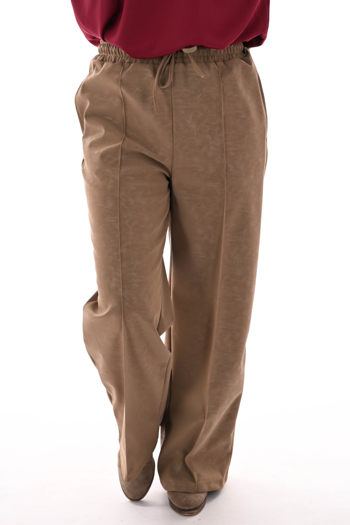 Leatherlook wide leg met elastieken band camel