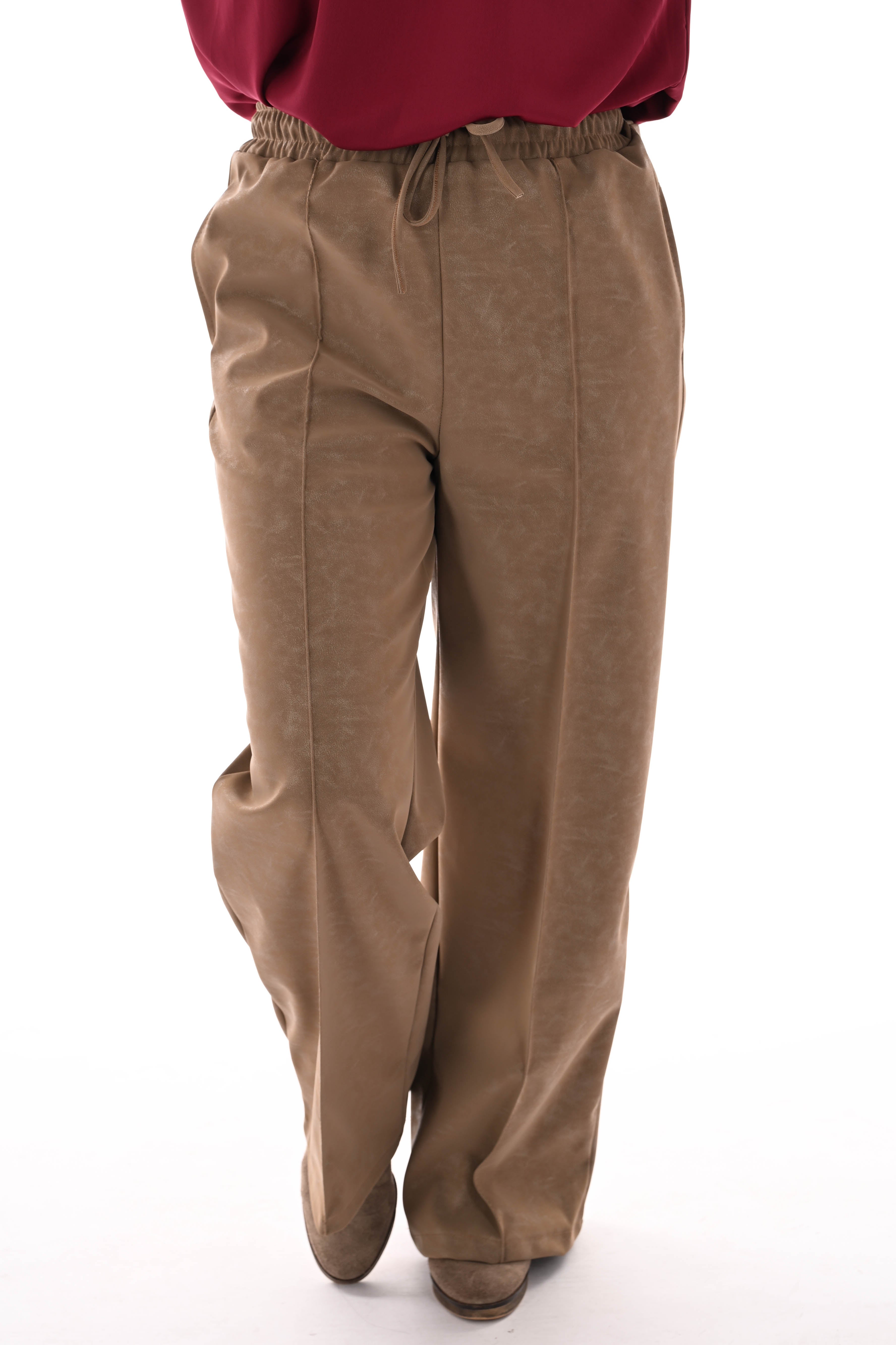 Leatherlook wide leg met elastieken band camel