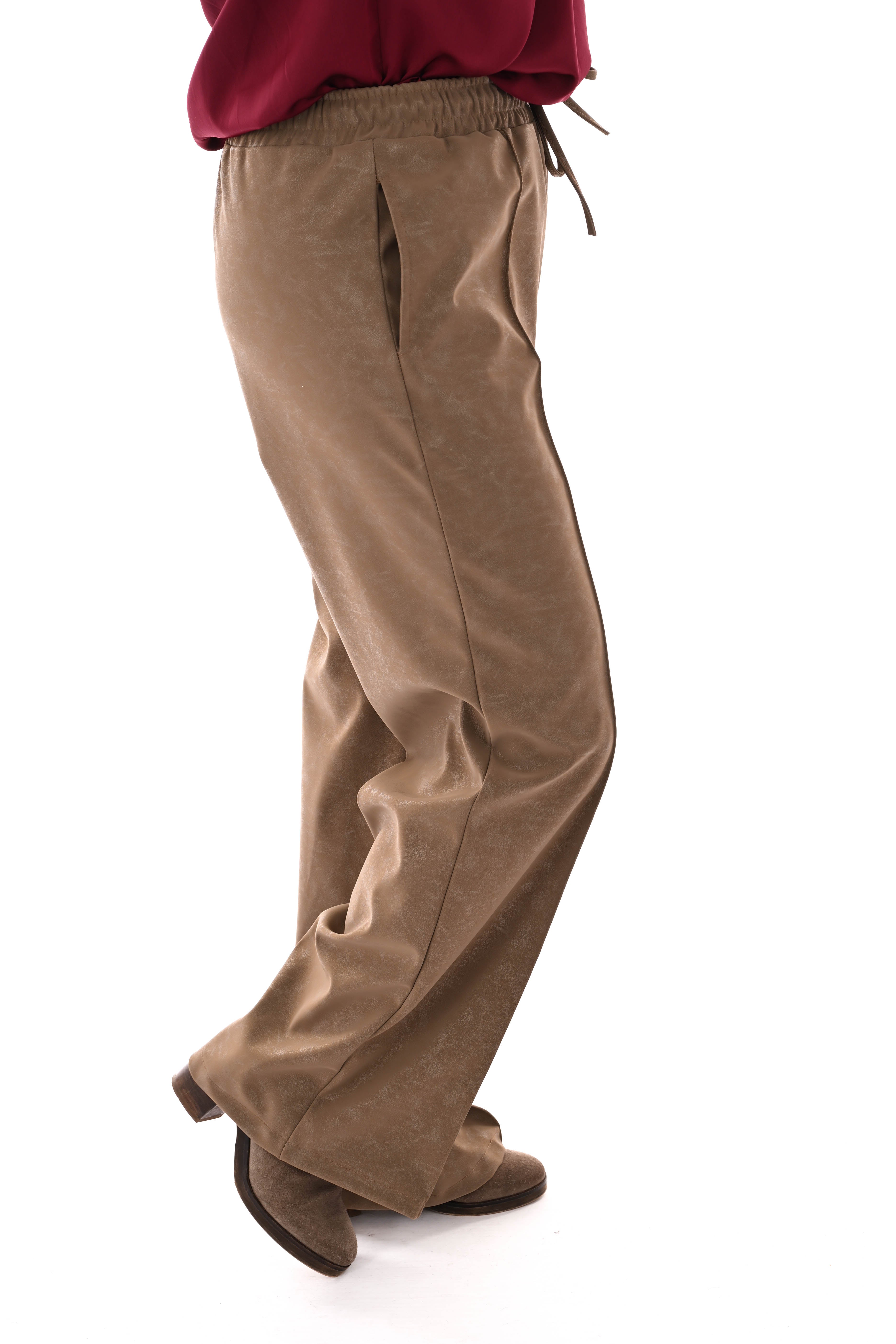 Leatherlook wide leg met elastieken band camel