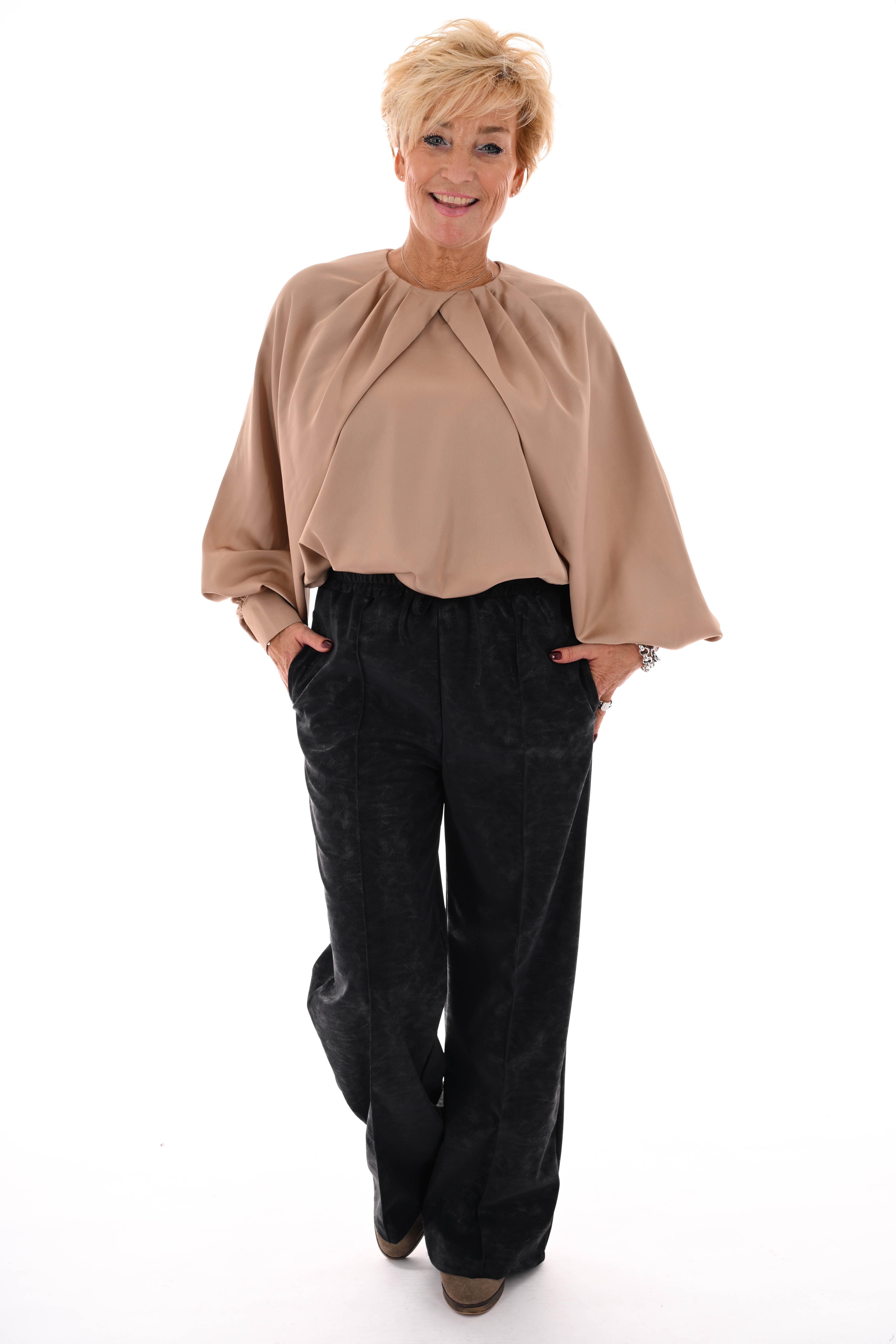 Leatherlook wide leg met elastieken band marineblauw