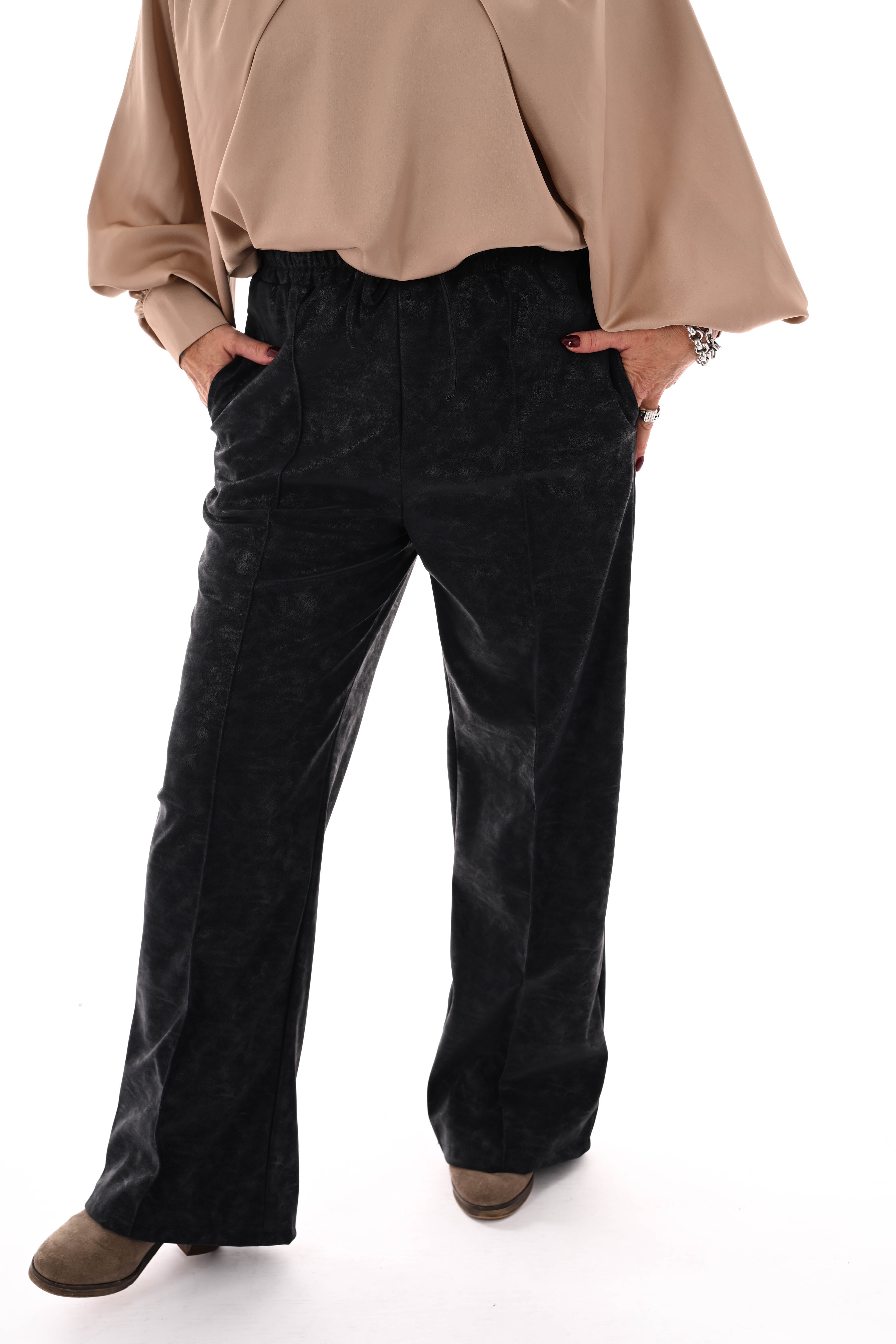 Leatherlook wide leg met elastieken band marineblauw