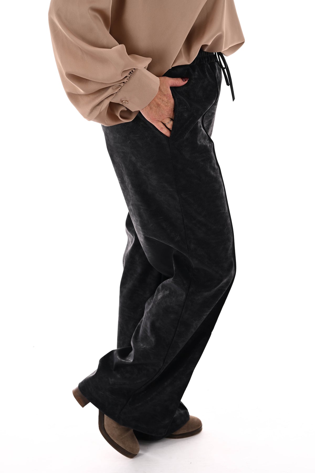 Leatherlook wide leg met elastieken band marineblauw