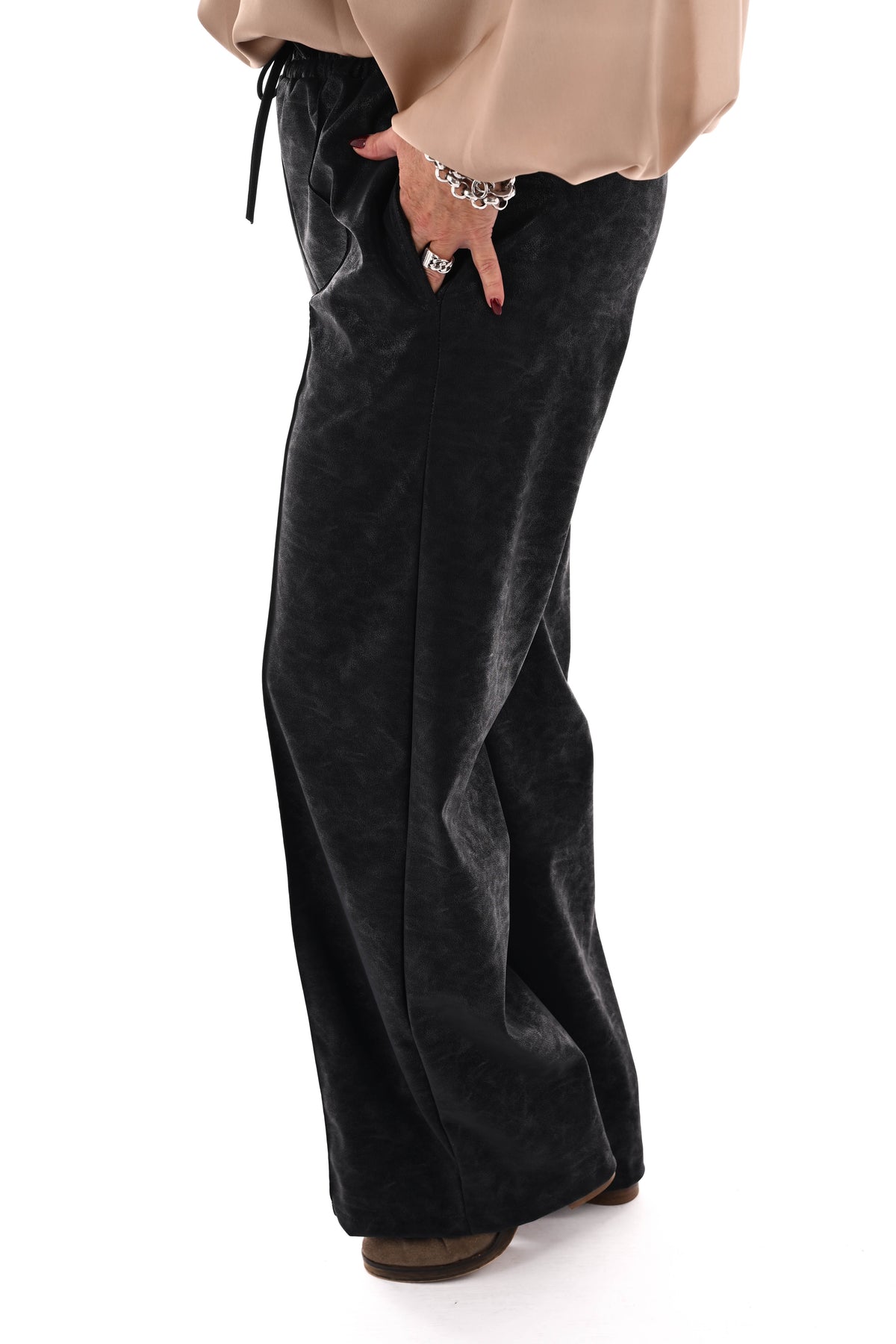 Leatherlook wide leg met elastieken band marineblauw