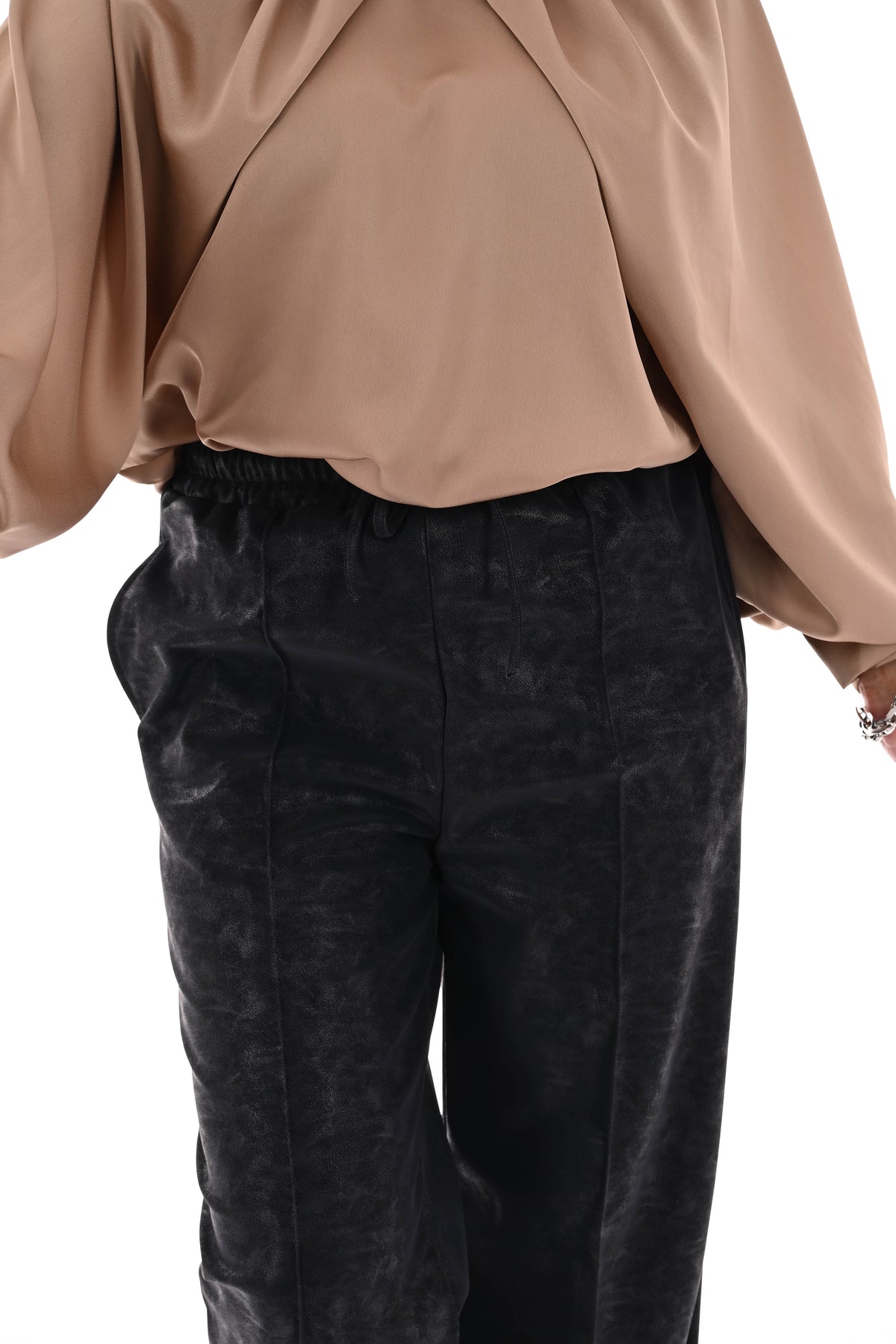 Leatherlook wide leg met elastieken band marineblauw