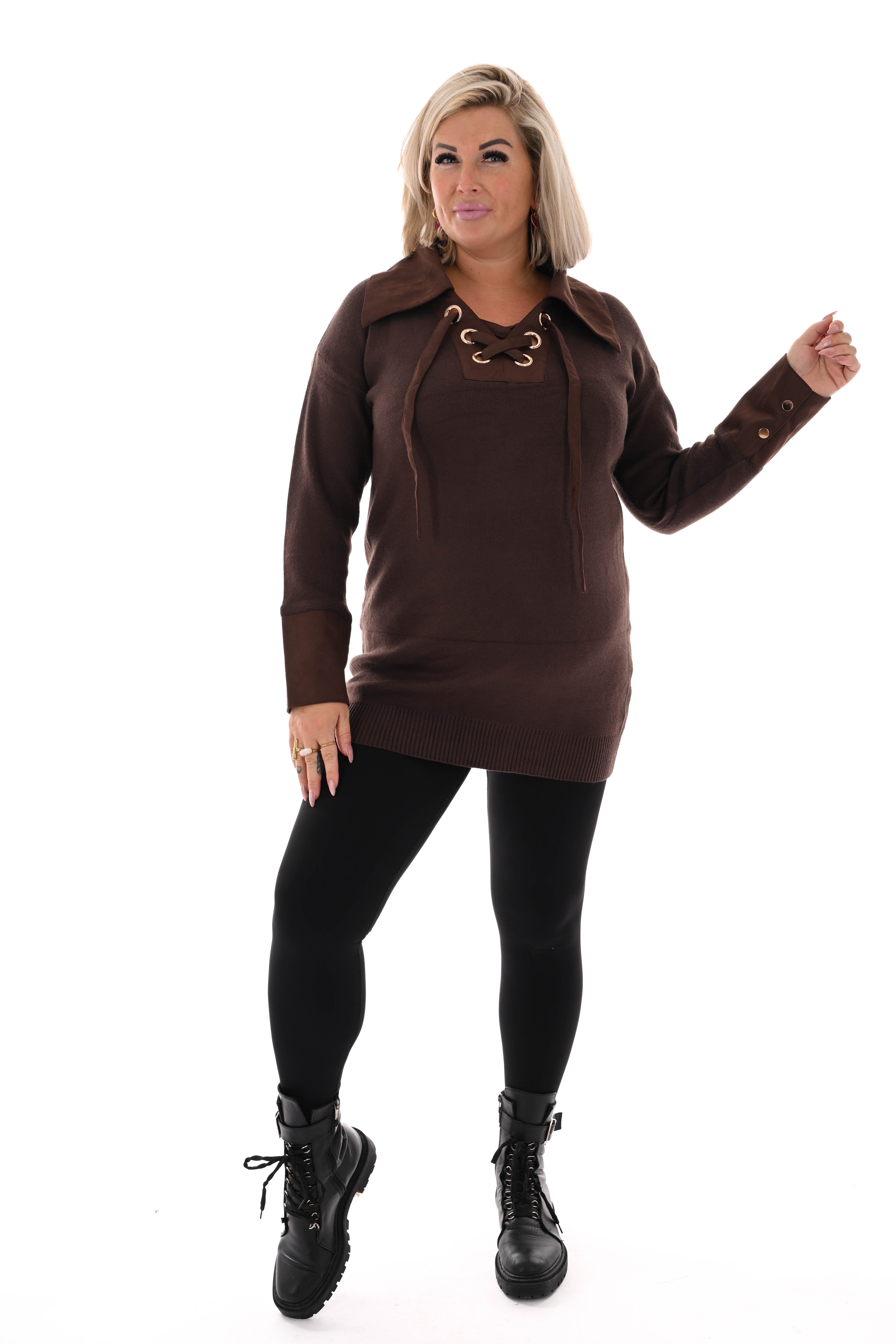 Tuniek veterhals met kraag donkerbruin