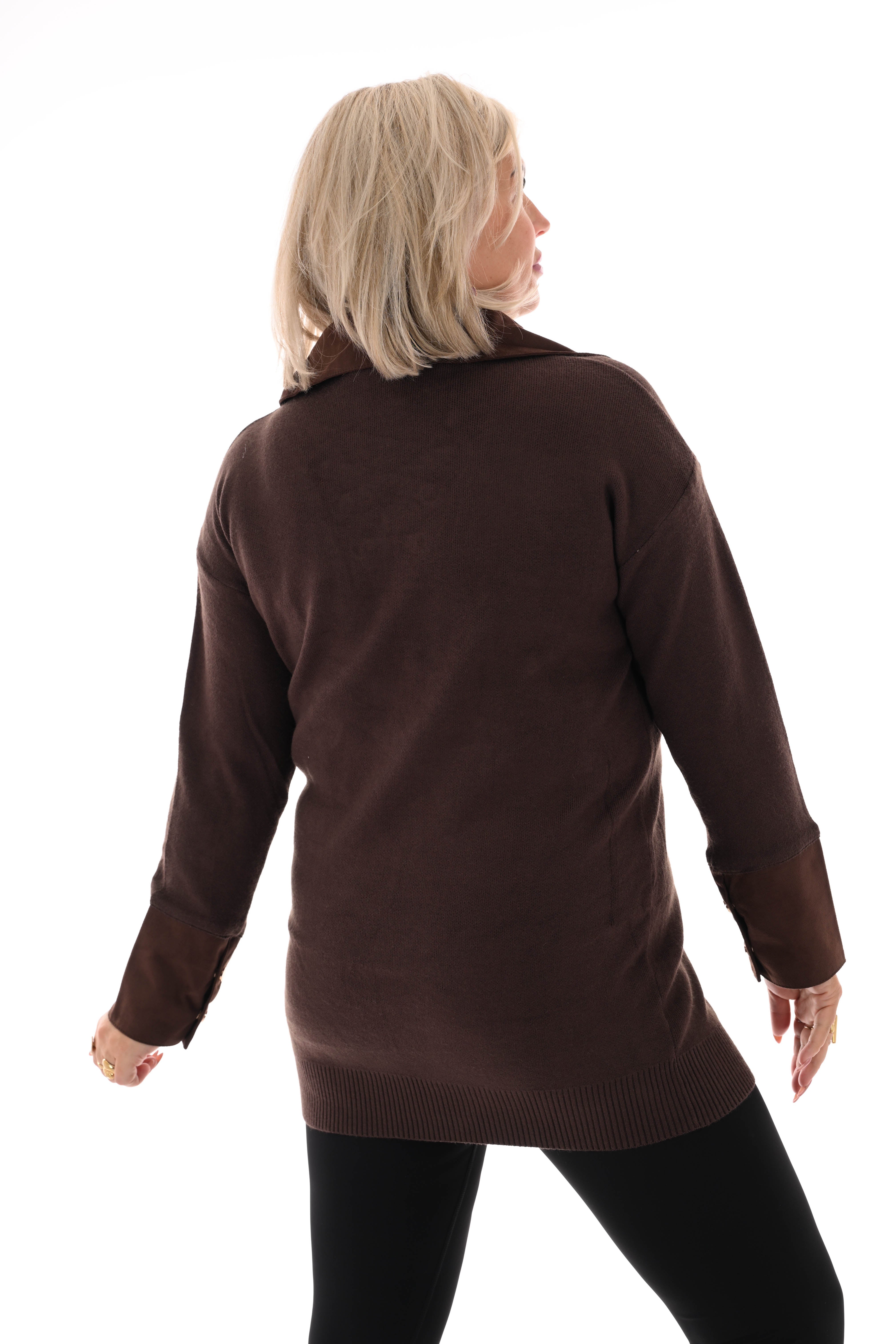 Tuniek veterhals met kraag donkerbruin