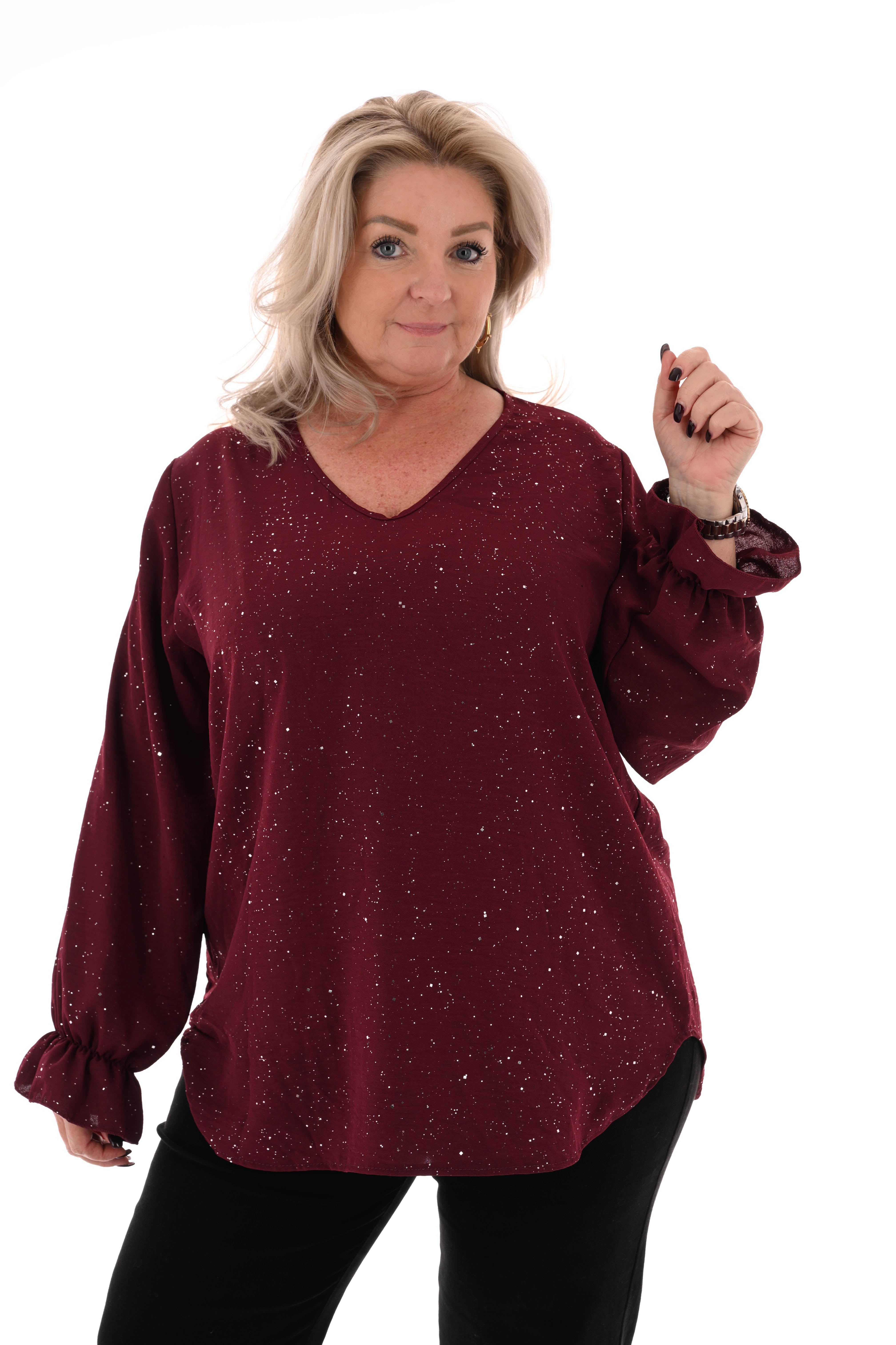 Blouse v-hals trompetmouwen bordeaux