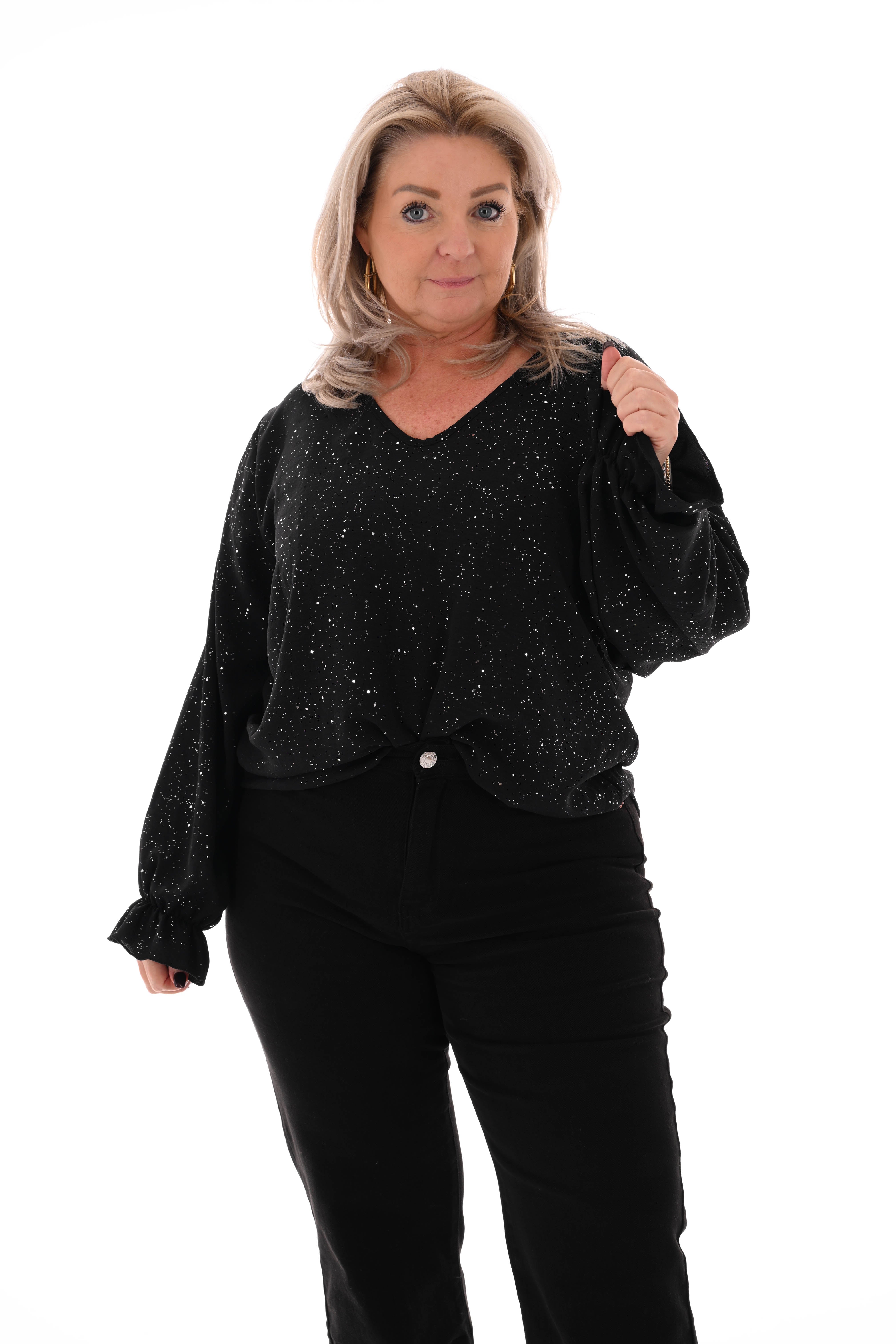 Blouse v-hals trompetmouwen zwart
