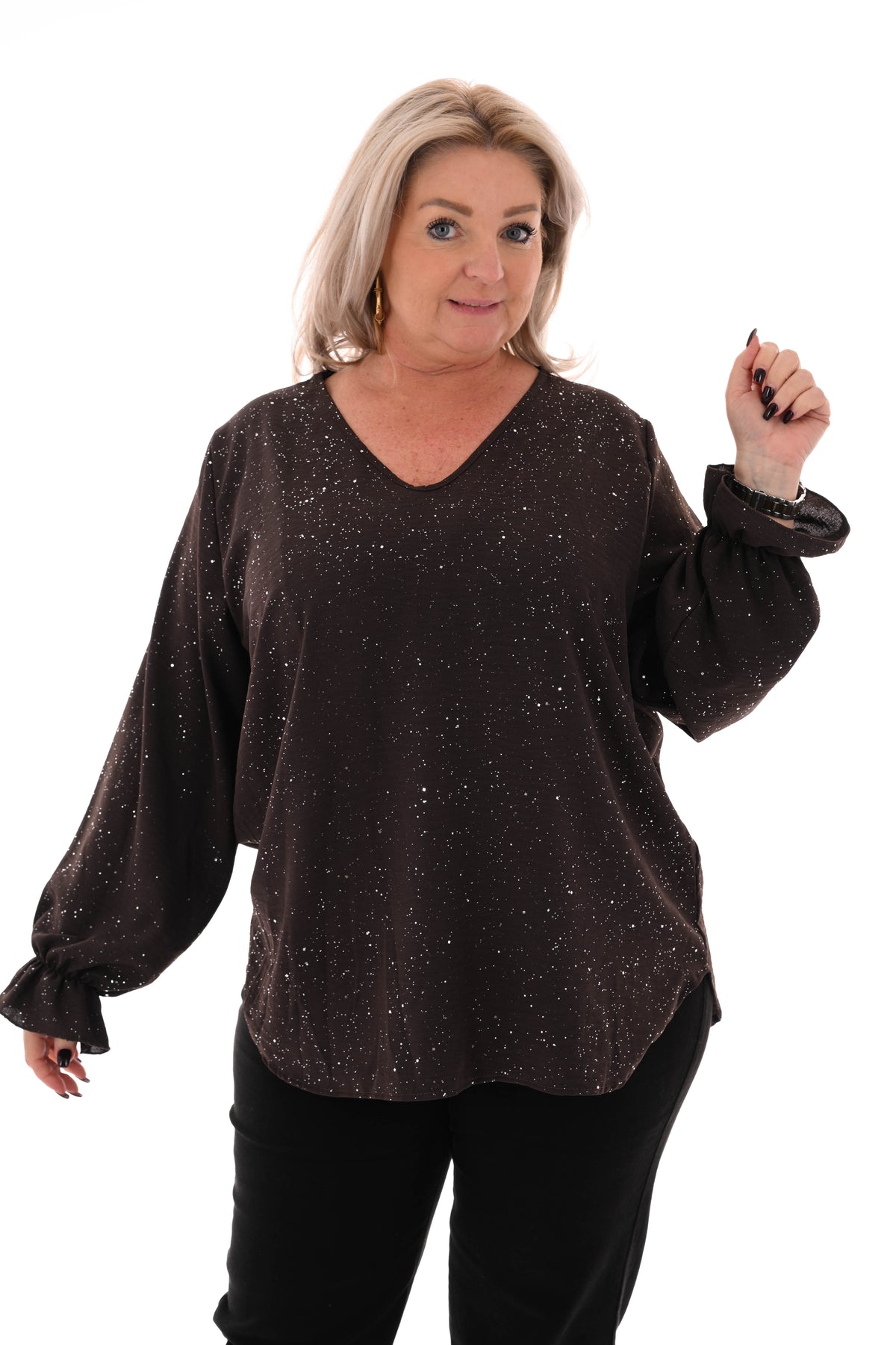 Blouse v-hals trompetmouwen donkerbruin