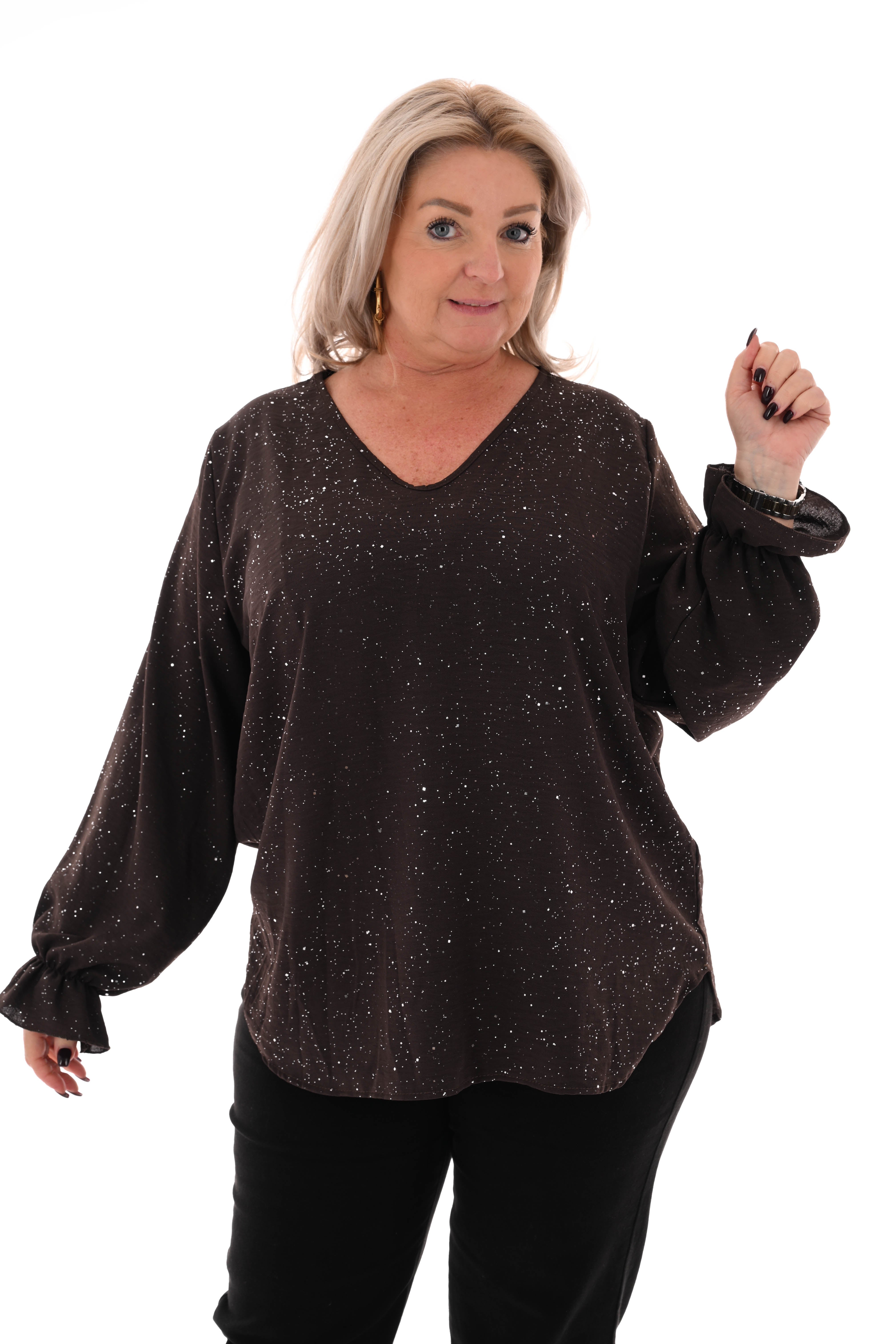 Blouse v-hals trompetmouwen donkerbruin