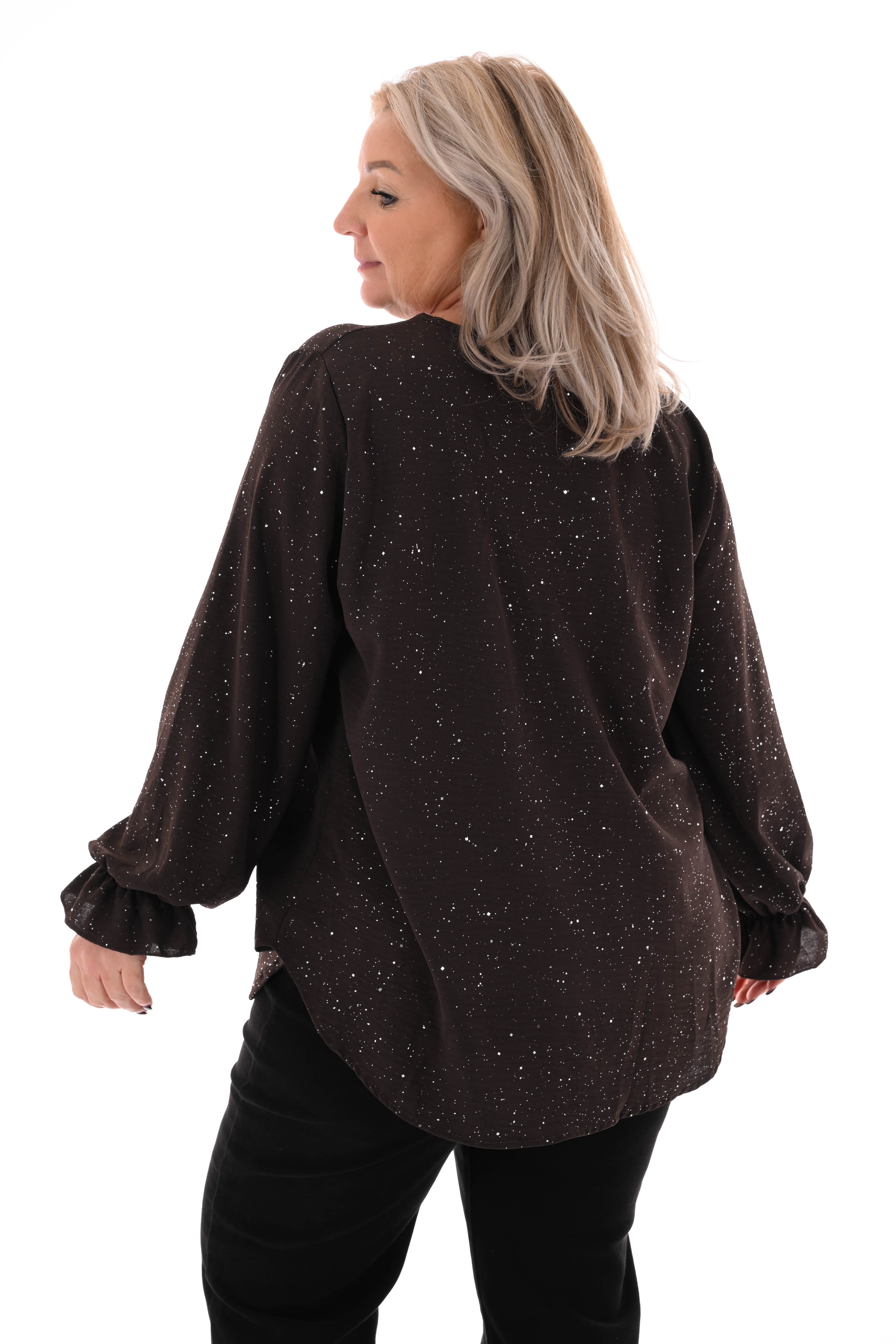 Blouse v-hals trompetmouwen donkerbruin