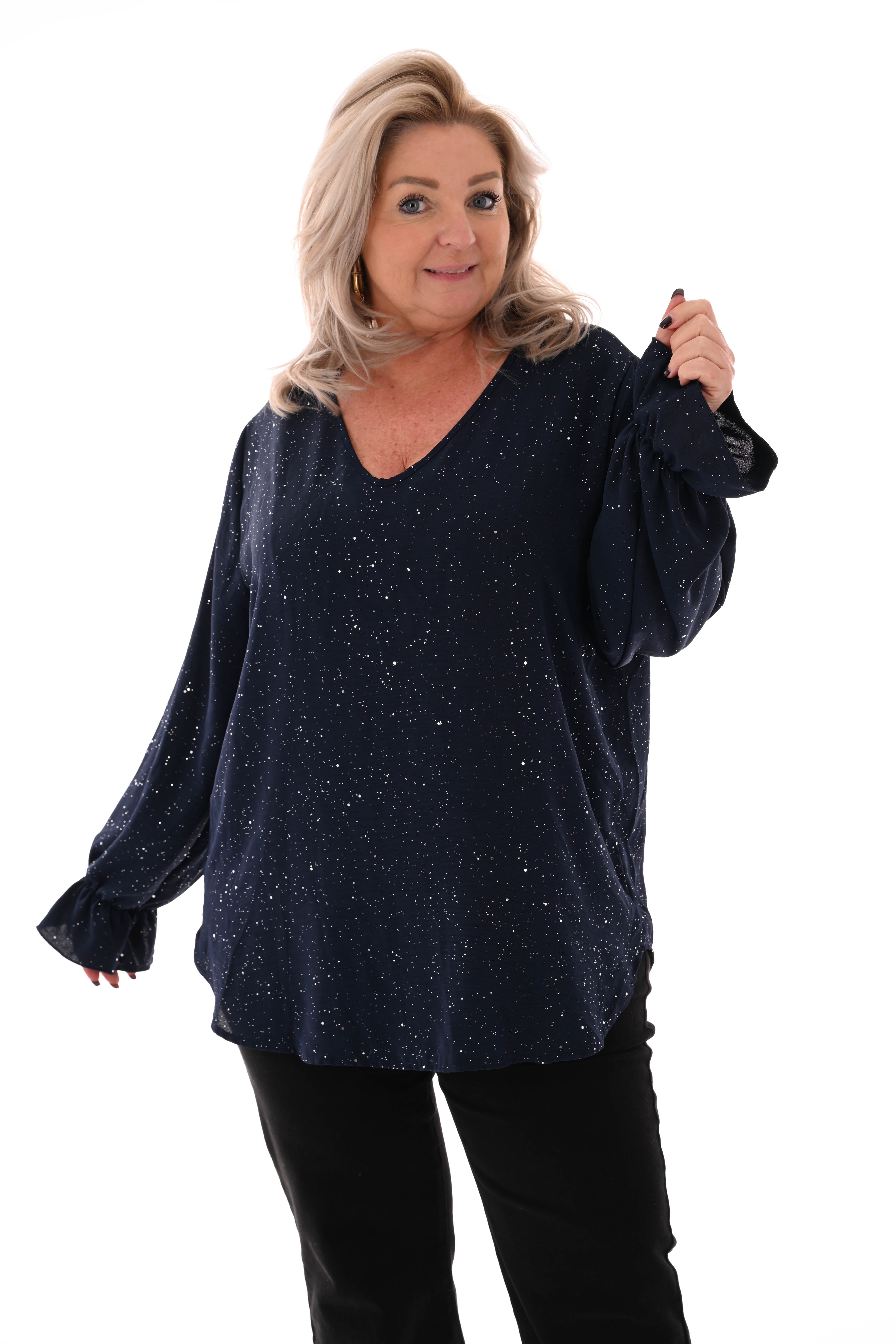 Blouse v-hals trompetmouwen marineblauw