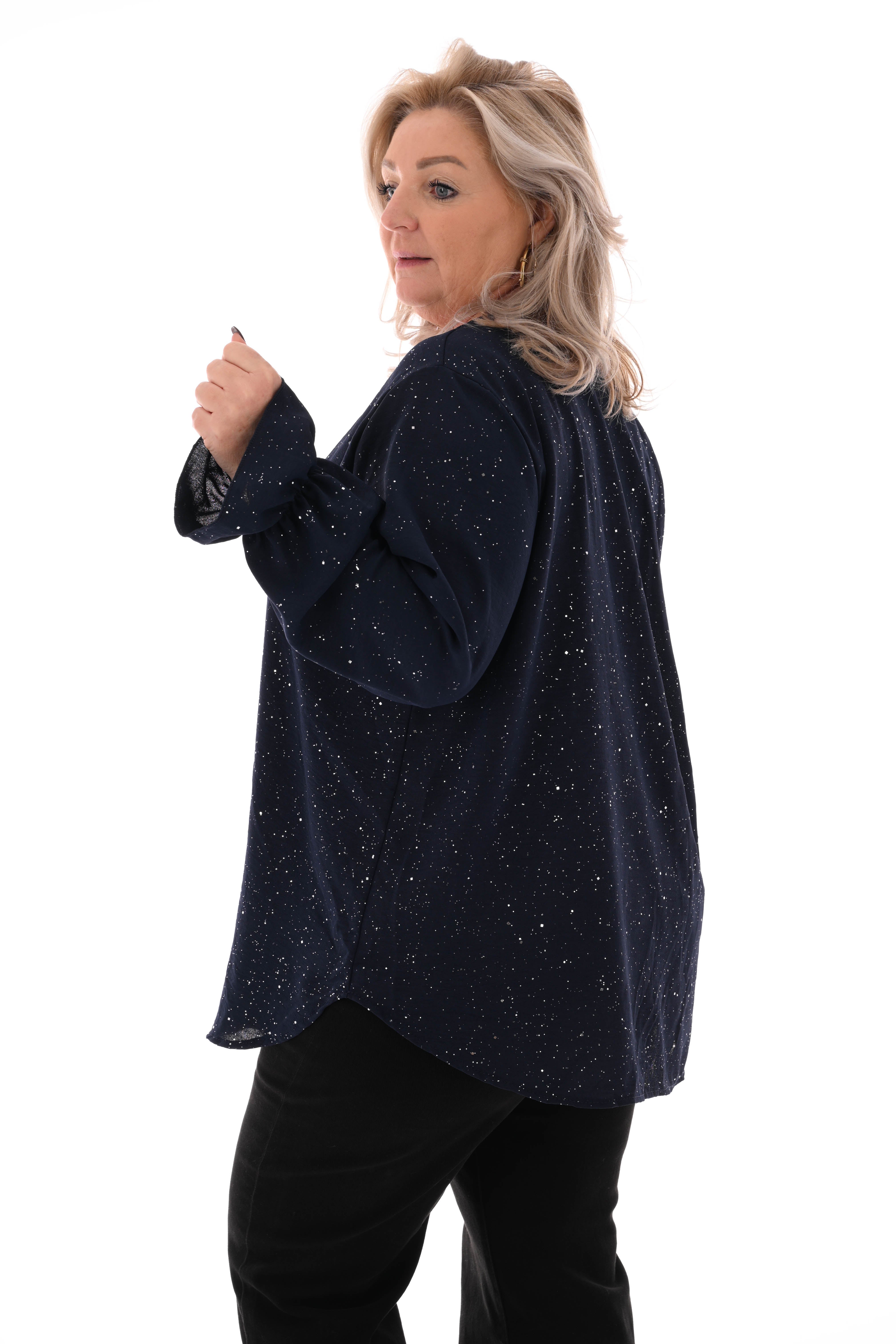 Blouse v-hals trompetmouwen marineblauw
