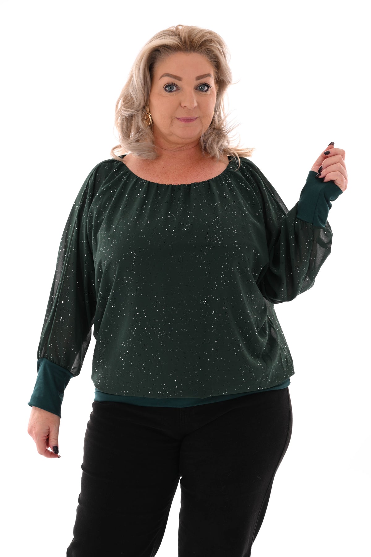 Ballon top lange mouwen glitter flessengroen