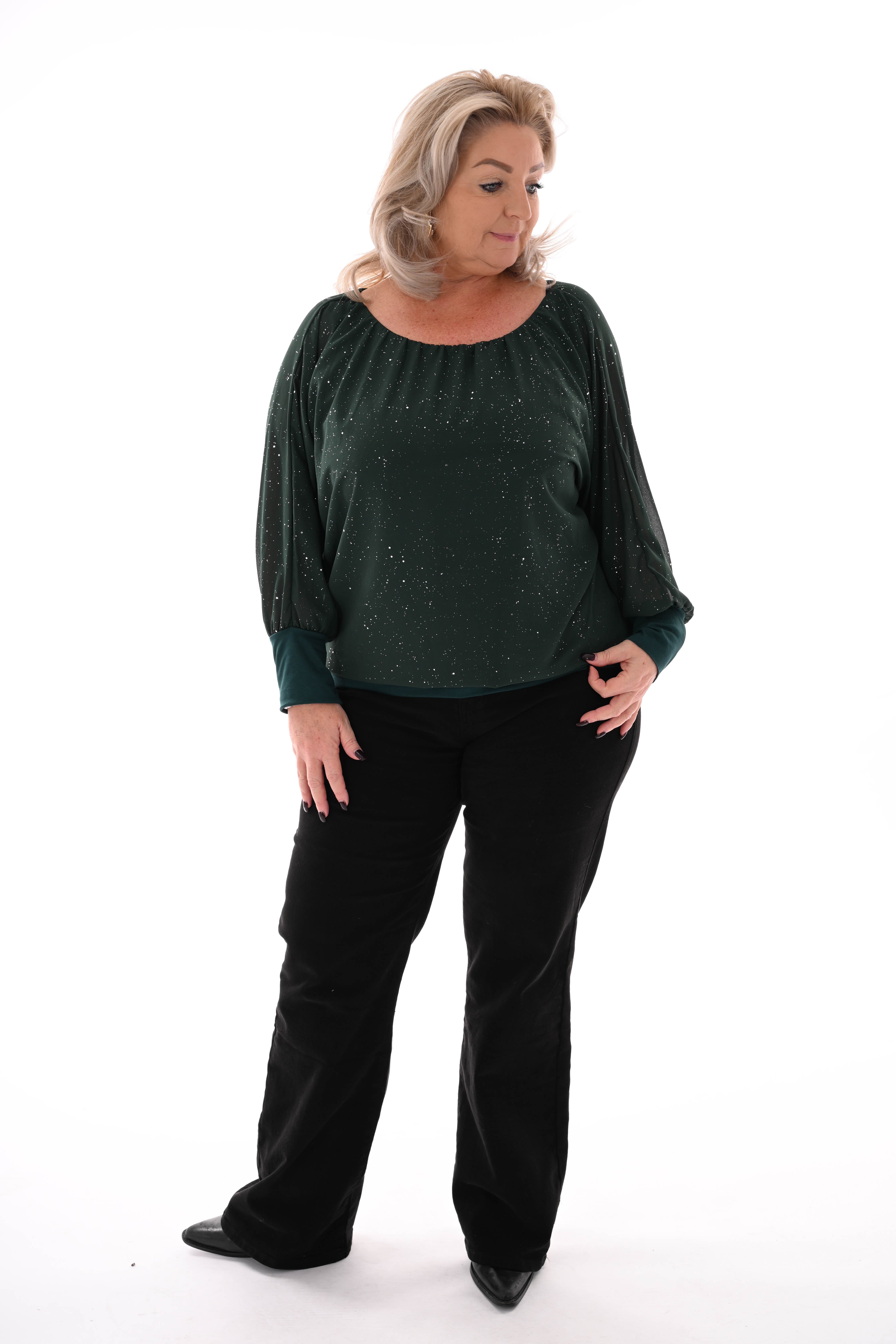 Ballon top lange mouwen glitter flessengroen