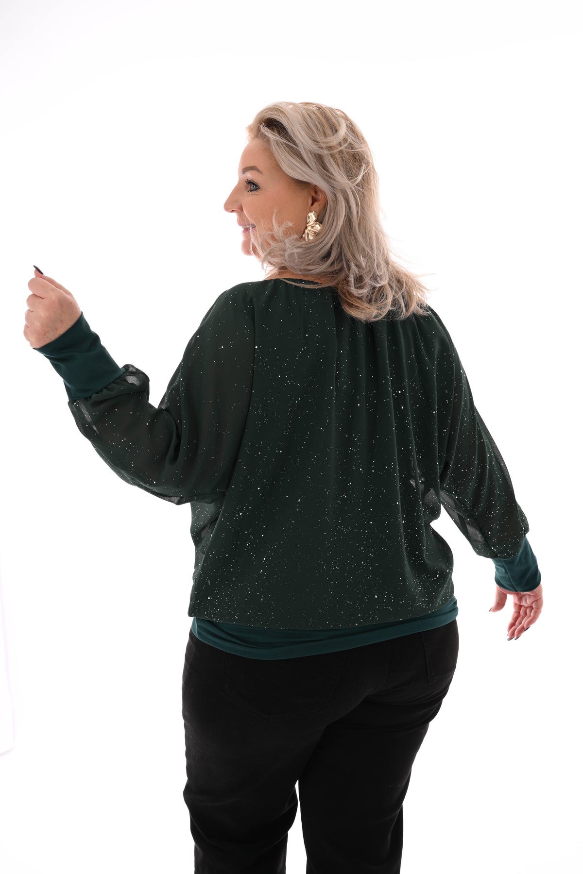 Ballon top lange mouwen glitter flessengroen