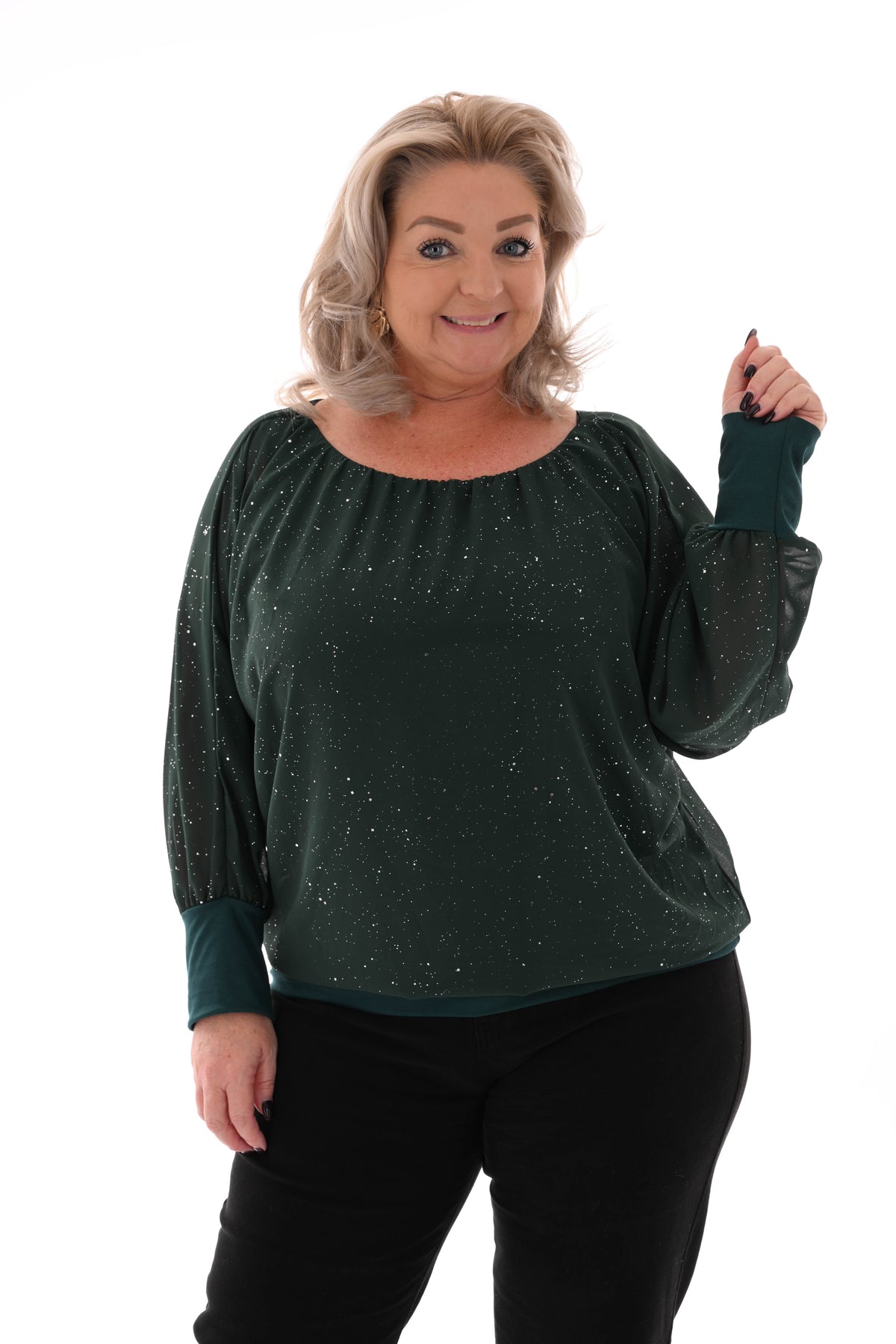 Ballon top lange mouwen glitter flessengroen