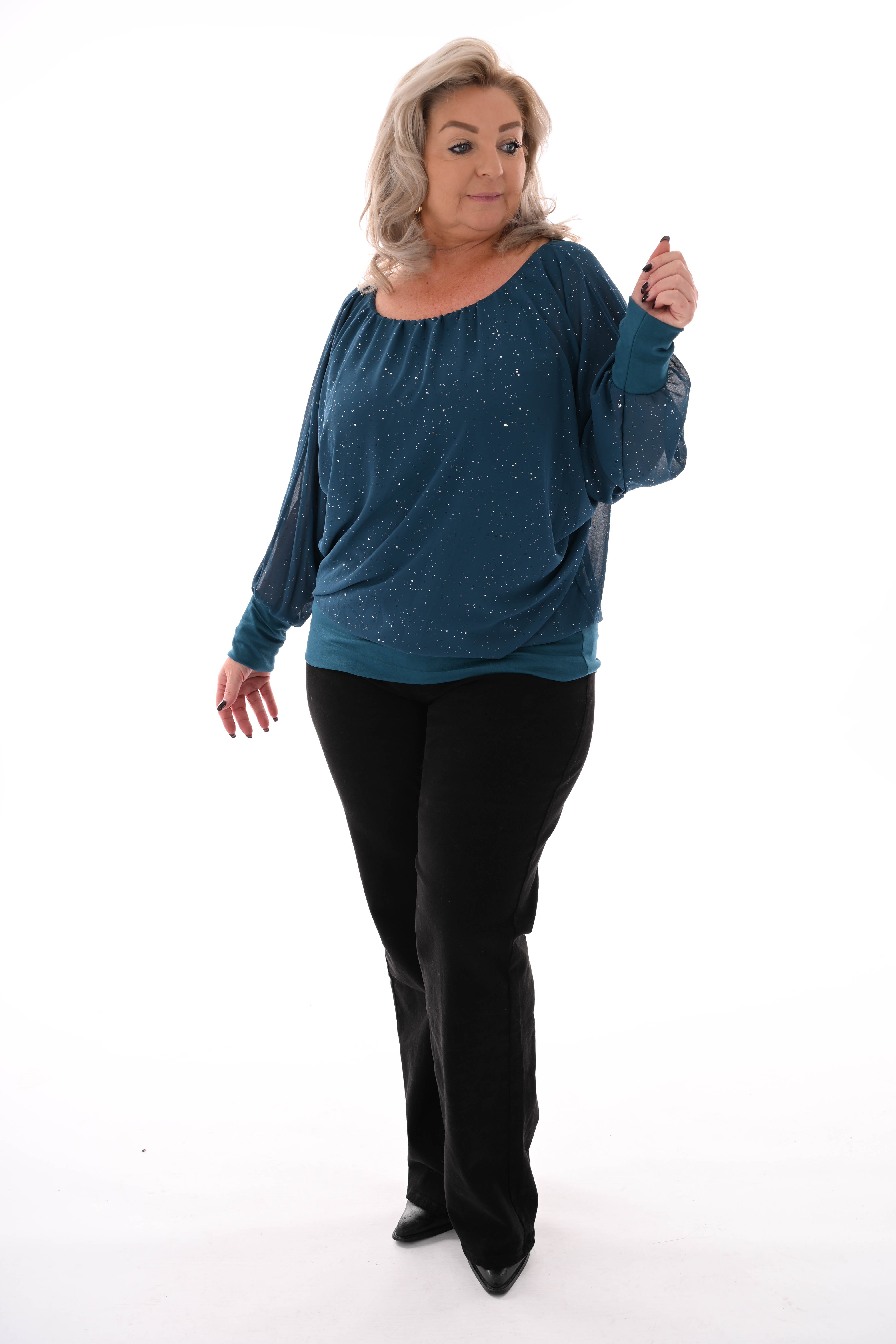 Ballon top lange mouwen glitter petrol