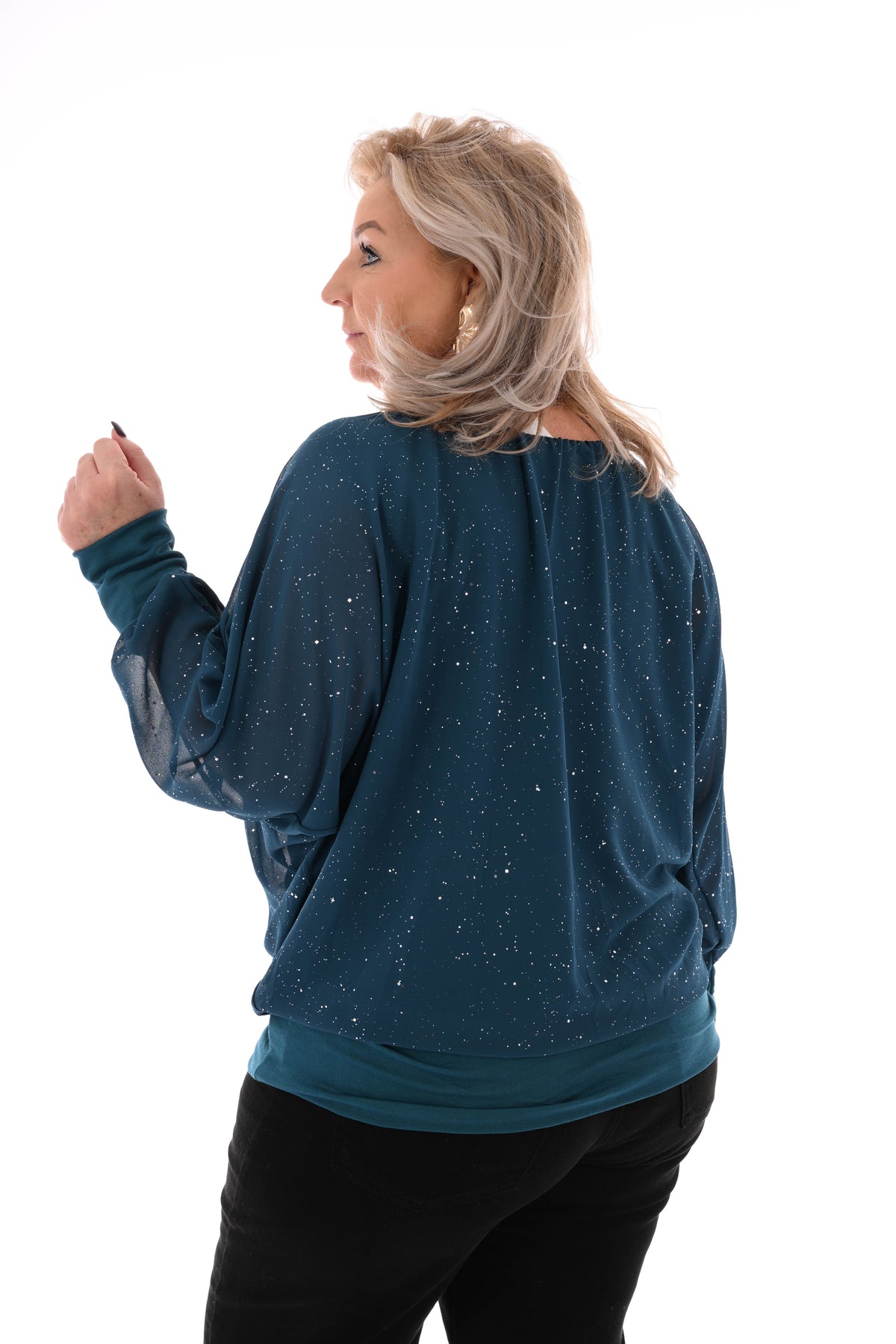 Ballon top lange mouwen glitter petrol