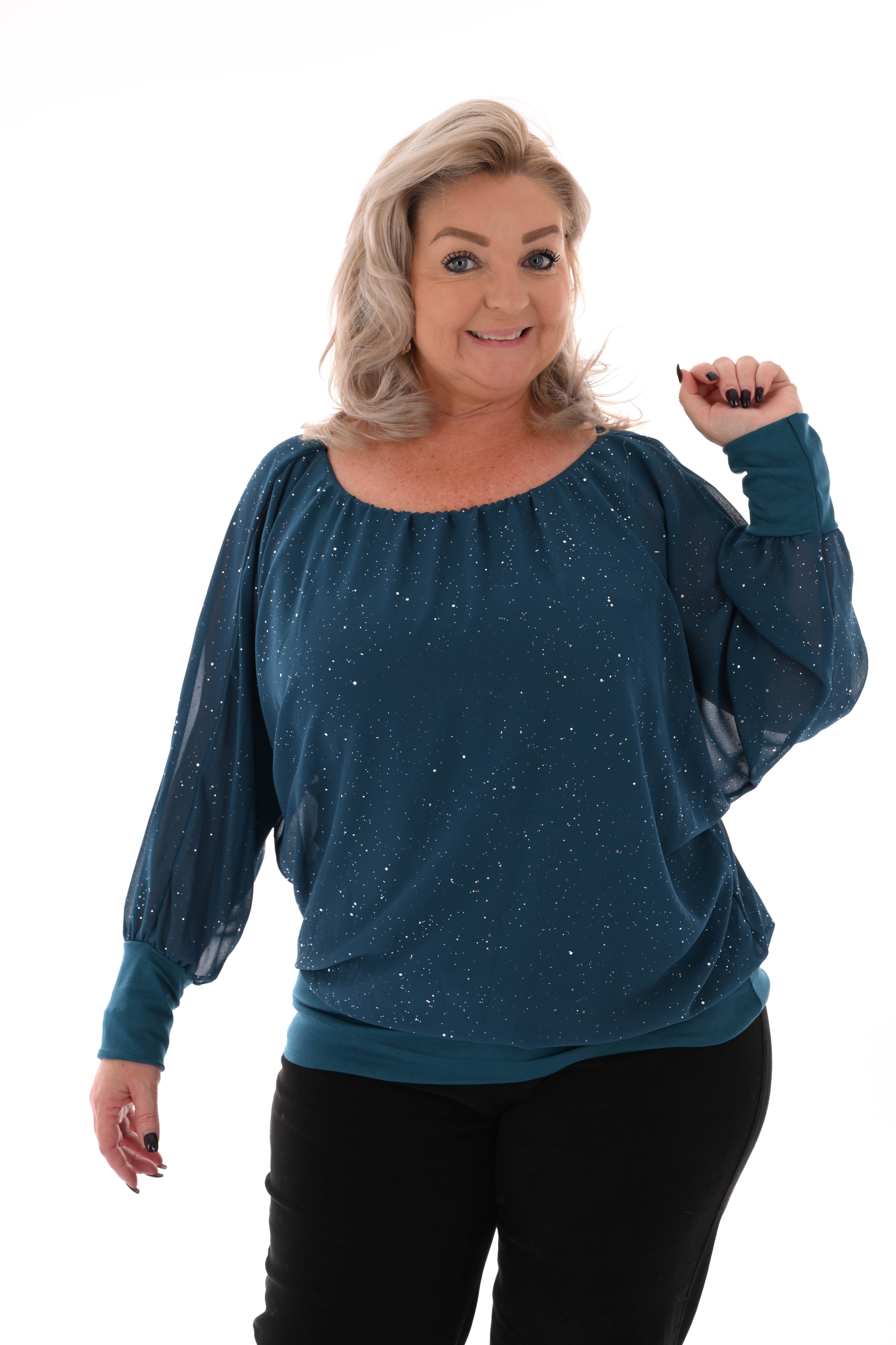 Ballon top lange mouwen glitter petrol