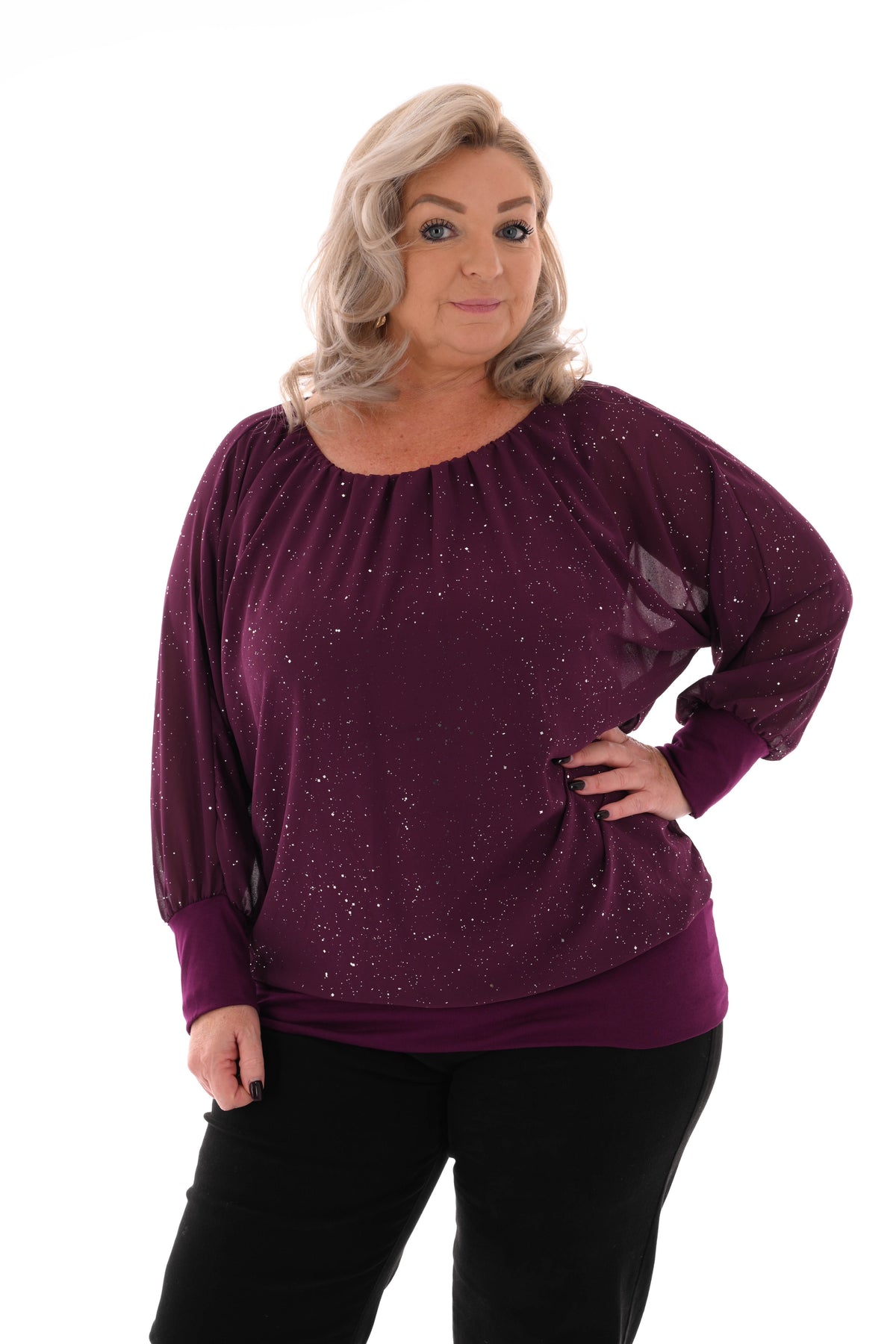 Ballon top lange mouwen glitter aubergine