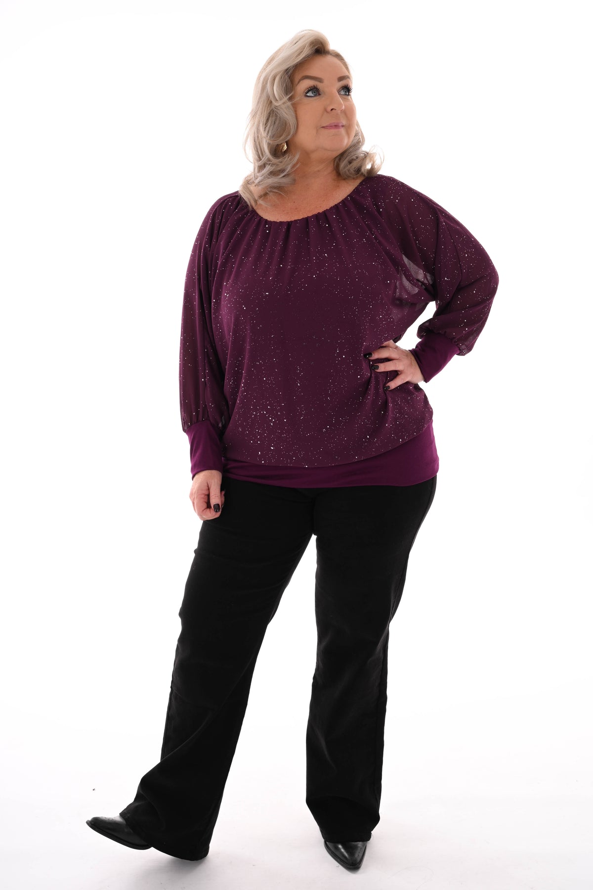 Ballon top lange mouwen glitter aubergine