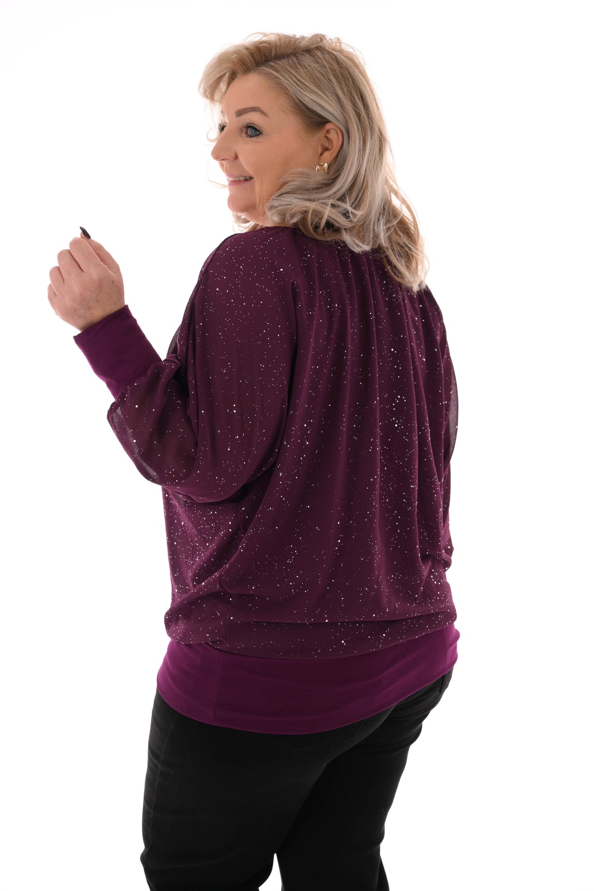 Ballon top lange mouwen glitter aubergine